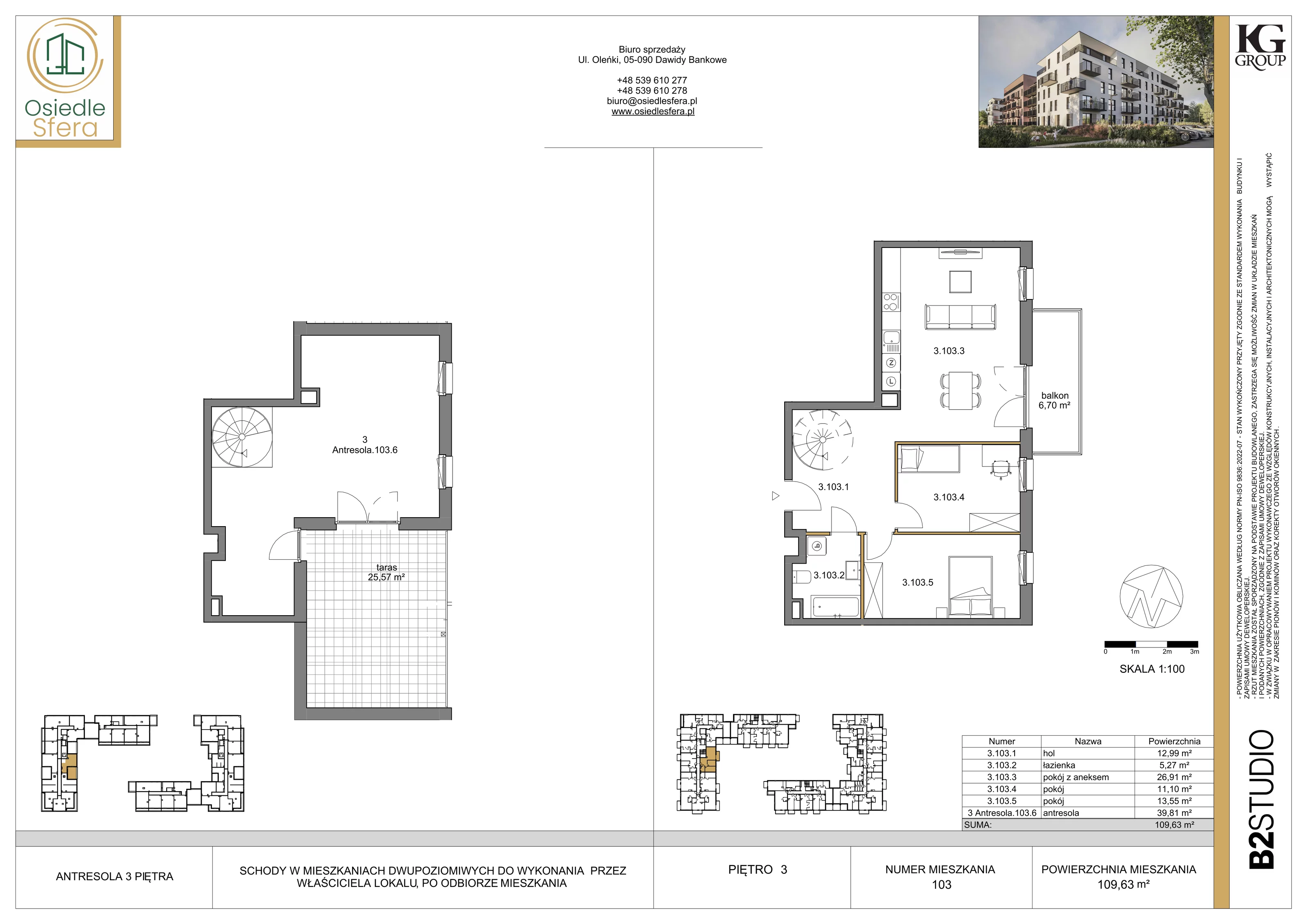 3 pokoje, mieszkanie 109,63 m², piętro 3, oferta nr 103, Osiedle Sfera - Etap II, Dawidy Bankowe, ul. Oleńki 14