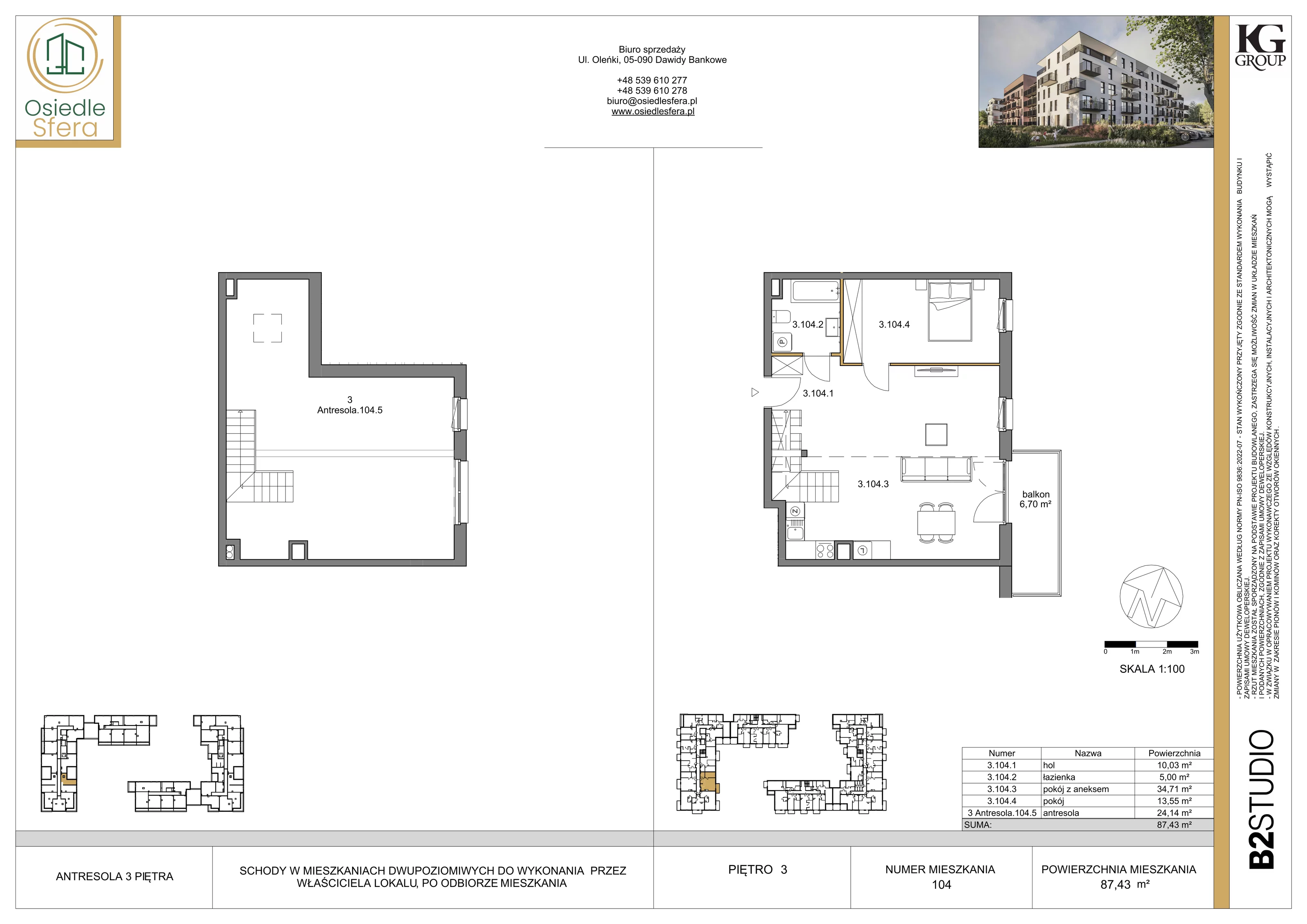 3 pokoje, mieszkanie 87,43 m², piętro 3, oferta nr 104, Osiedle Sfera - Etap II, Dawidy Bankowe, ul. Oleńki 14