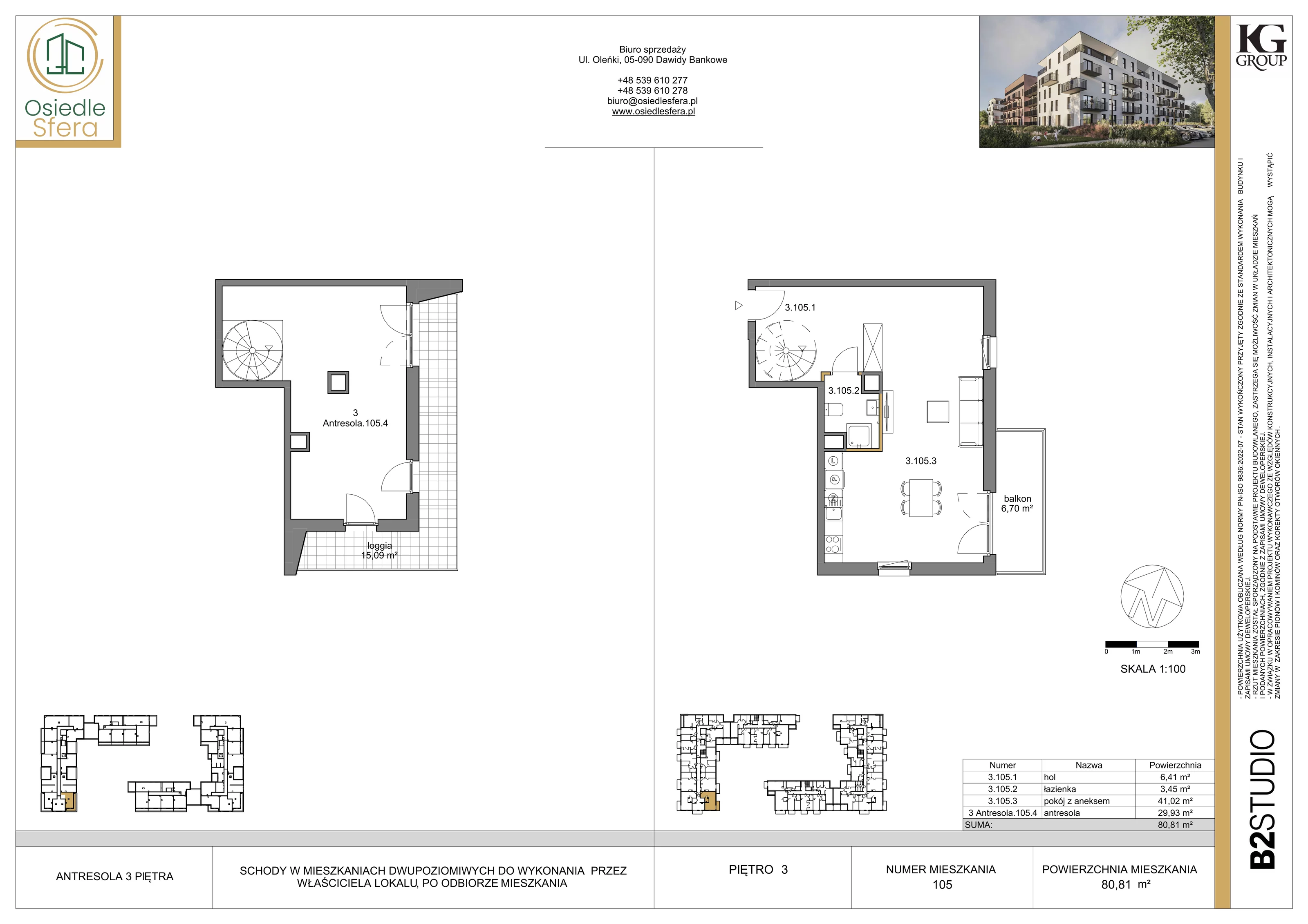 3 pokoje, mieszkanie 80,81 m², piętro 3, oferta nr 105, Osiedle Sfera - Etap II, Dawidy Bankowe, ul. Oleńki 14