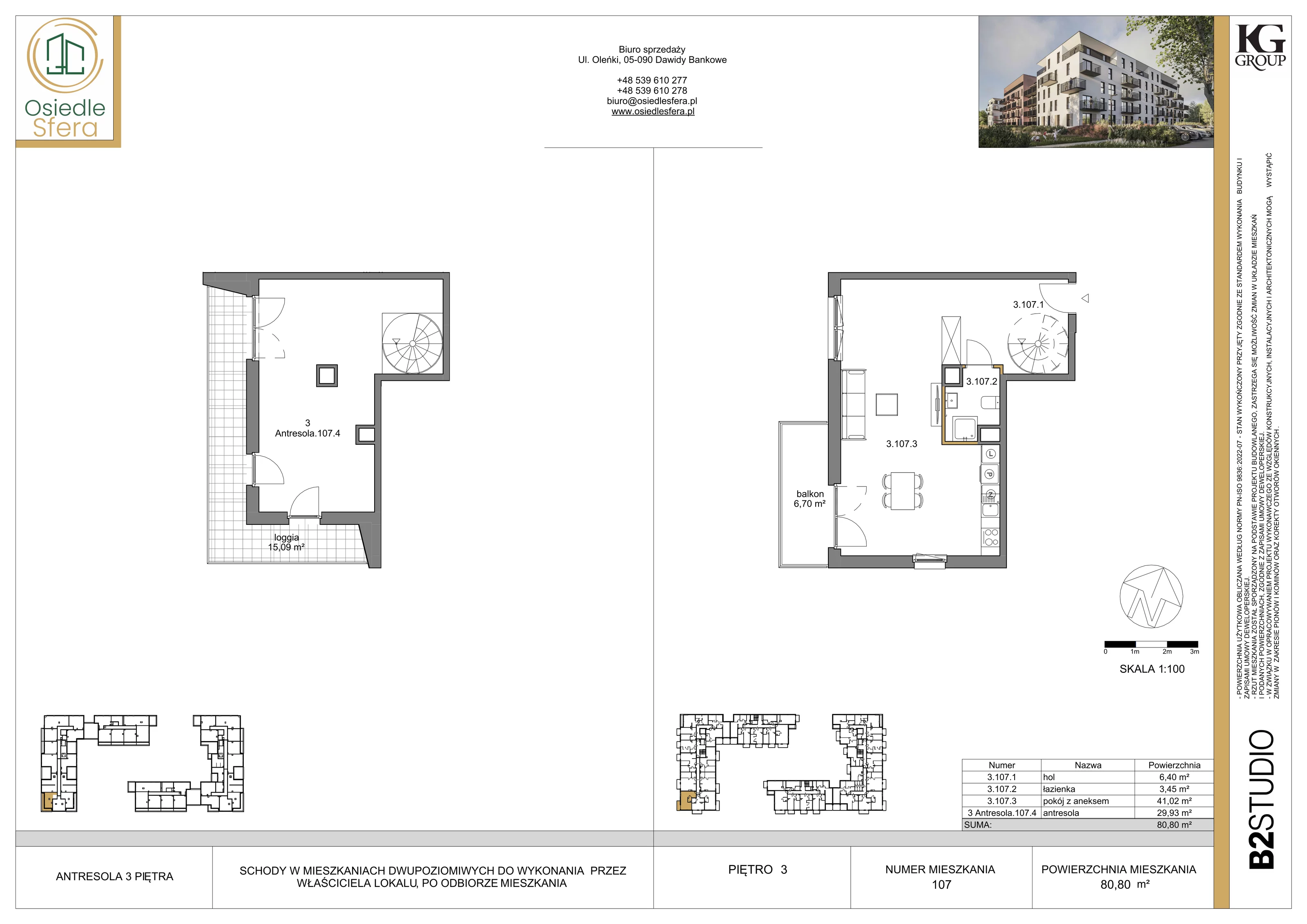 3 pokoje, mieszkanie 80,80 m², piętro 3, oferta nr 107, Osiedle Sfera - Etap II, Dawidy Bankowe, ul. Oleńki 14