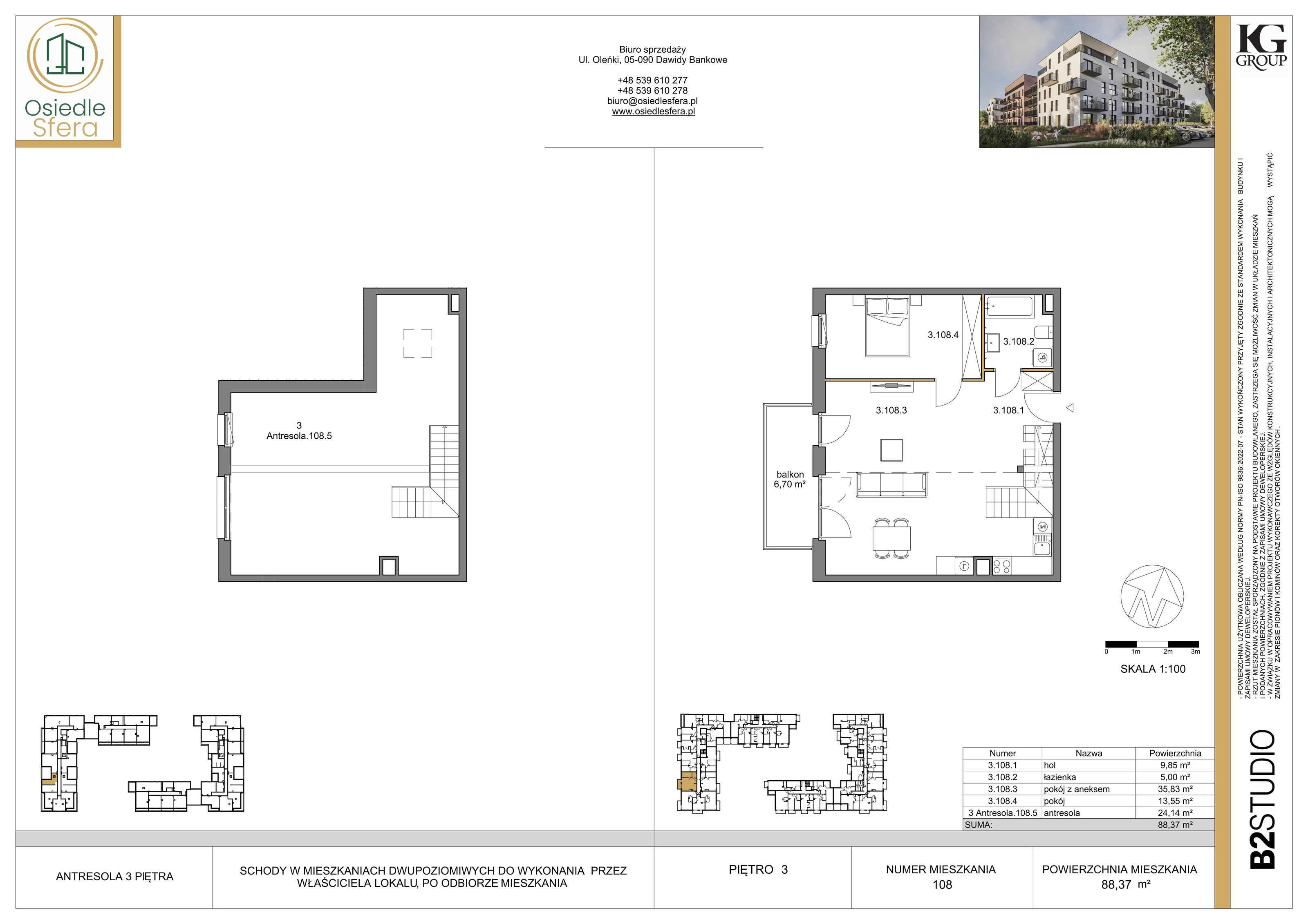 3 pokoje, mieszkanie 88,37 m², piętro 3, oferta nr 108, Osiedle Sfera - Etap II, Dawidy Bankowe, ul. Oleńki 14