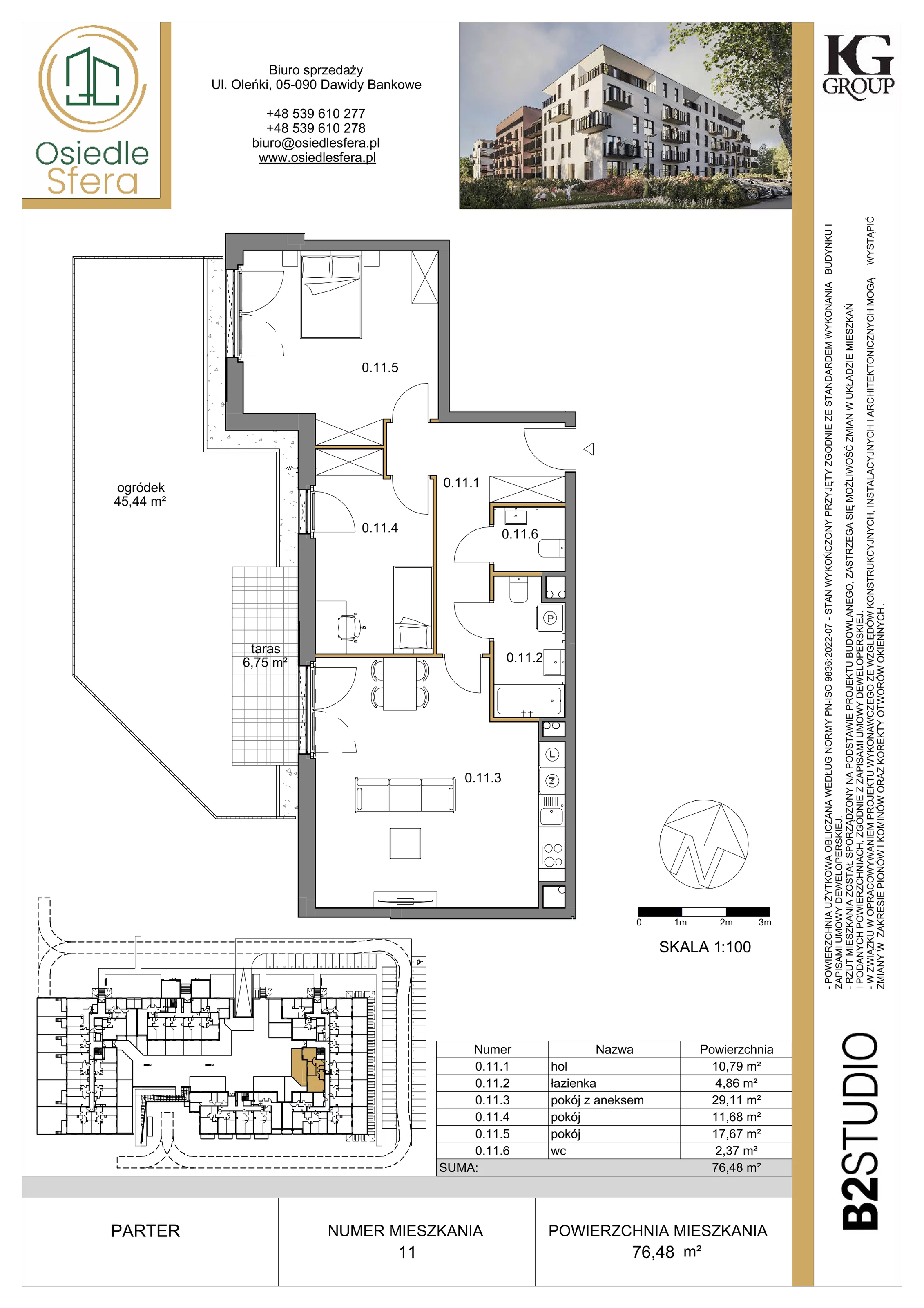 3 pokoje, mieszkanie 76,48 m², parter, oferta nr 11, Osiedle Sfera - Etap II, Dawidy Bankowe, ul. Oleńki 14