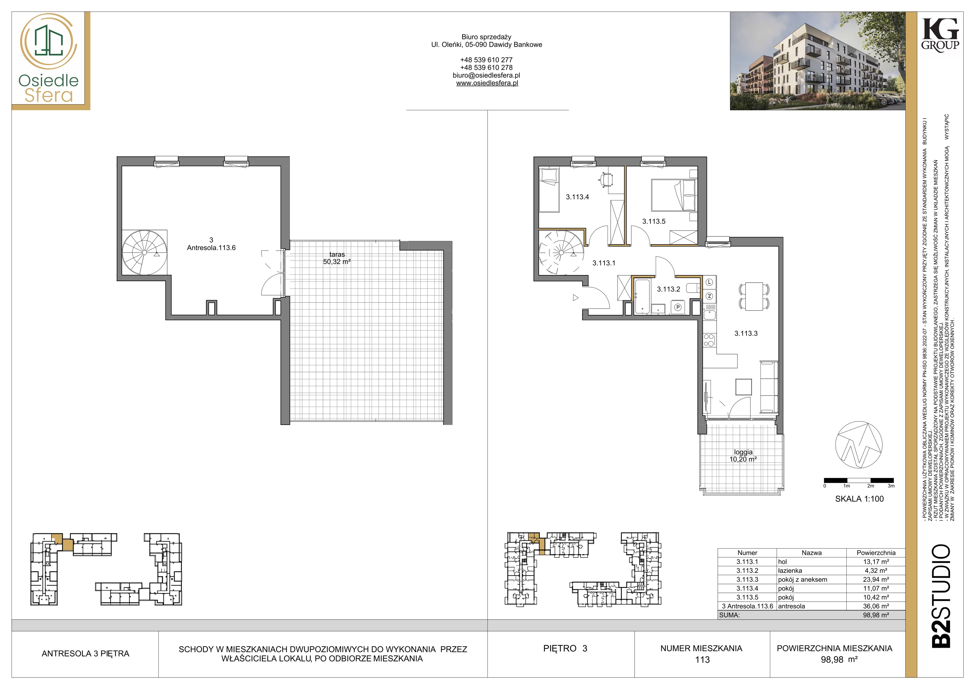 3 pokoje, mieszkanie 98,98 m², piętro 3, oferta nr 113, Osiedle Sfera - Etap II, Dawidy Bankowe, ul. Oleńki 14