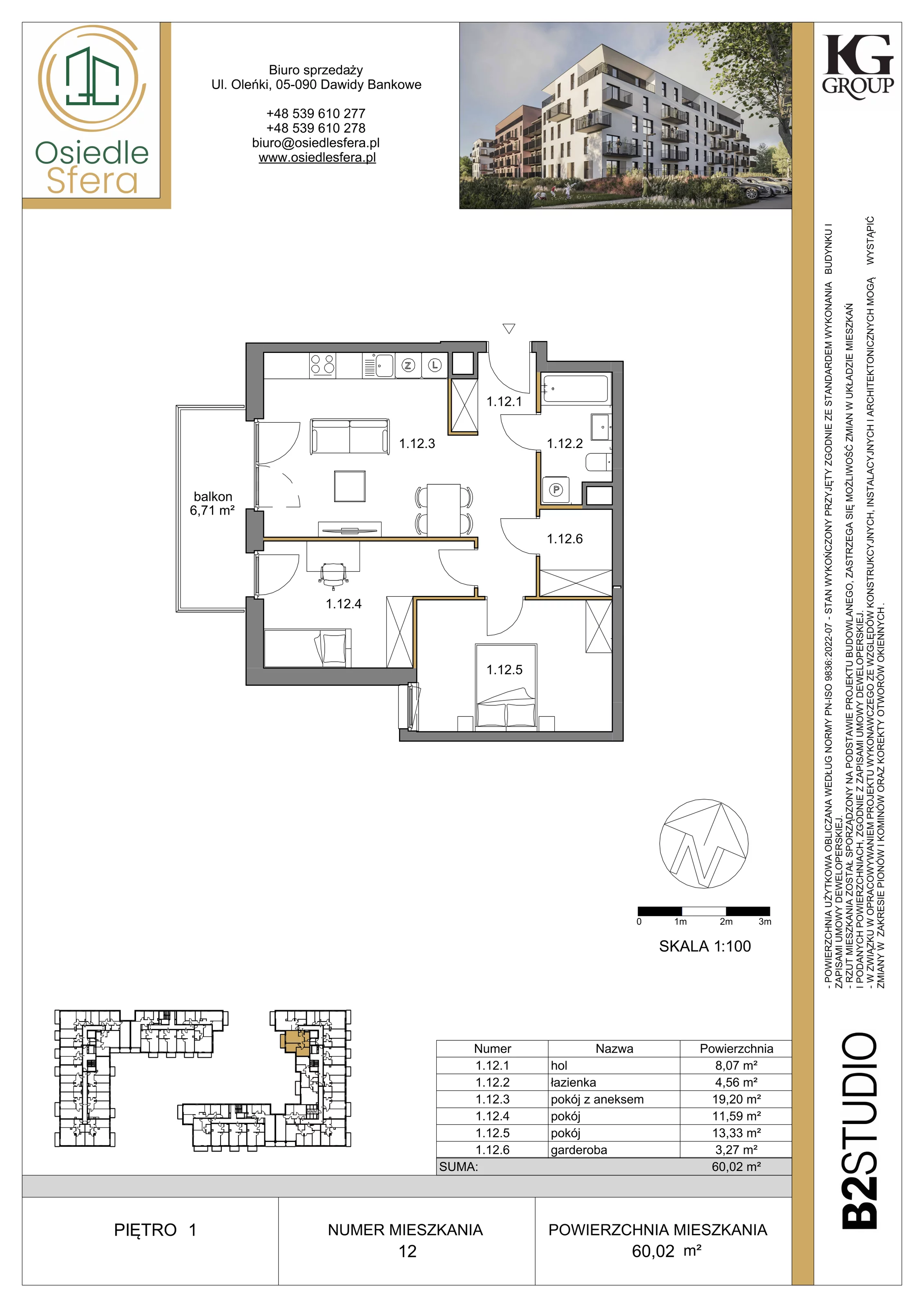 3 pokoje, mieszkanie 60,02 m², piętro 1, oferta nr 12, Osiedle Sfera - Etap II, Dawidy Bankowe, ul. Oleńki 14