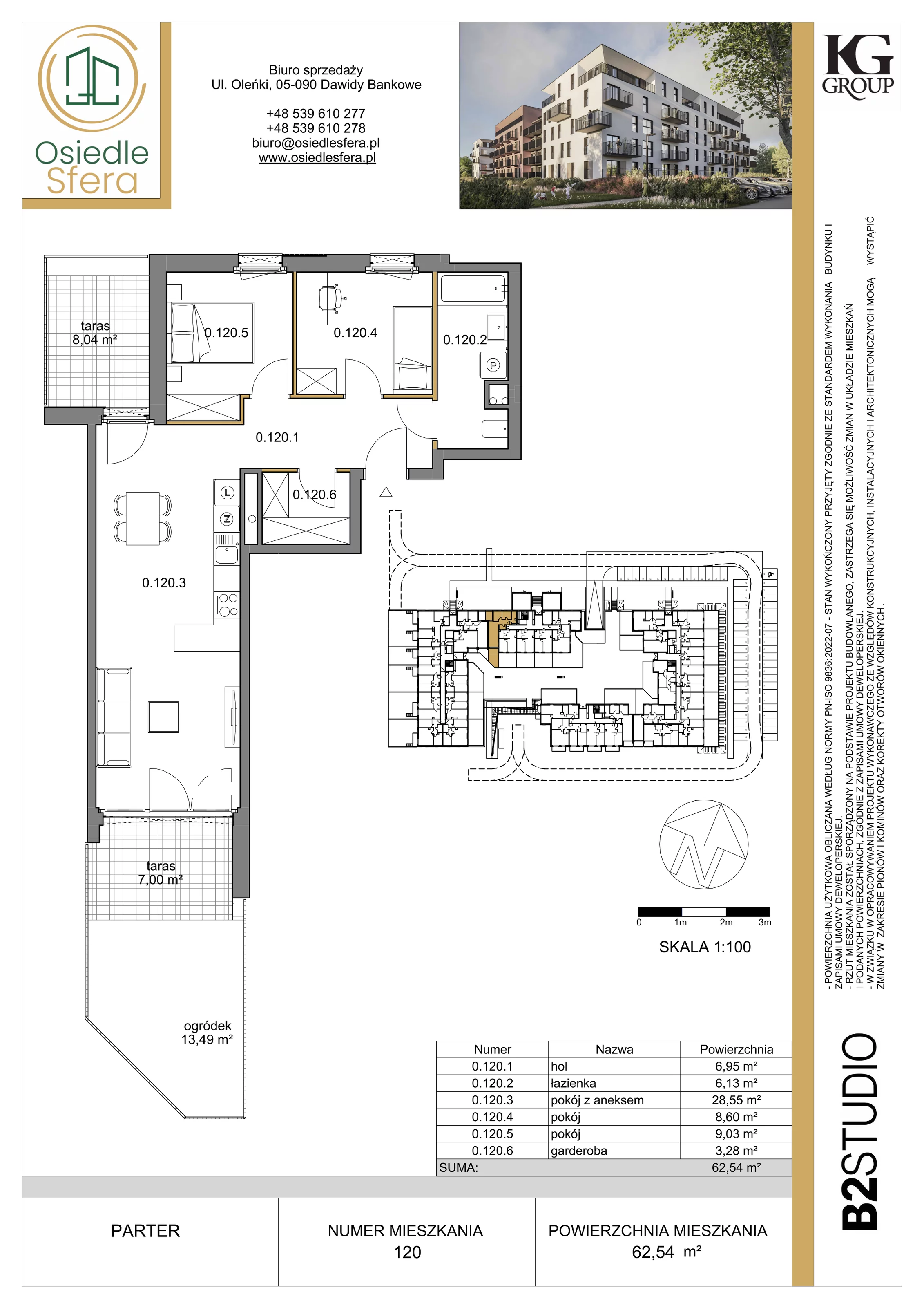 3 pokoje, mieszkanie 62,54 m², parter, oferta nr 120, Osiedle Sfera - Etap II, Dawidy Bankowe, ul. Oleńki 14