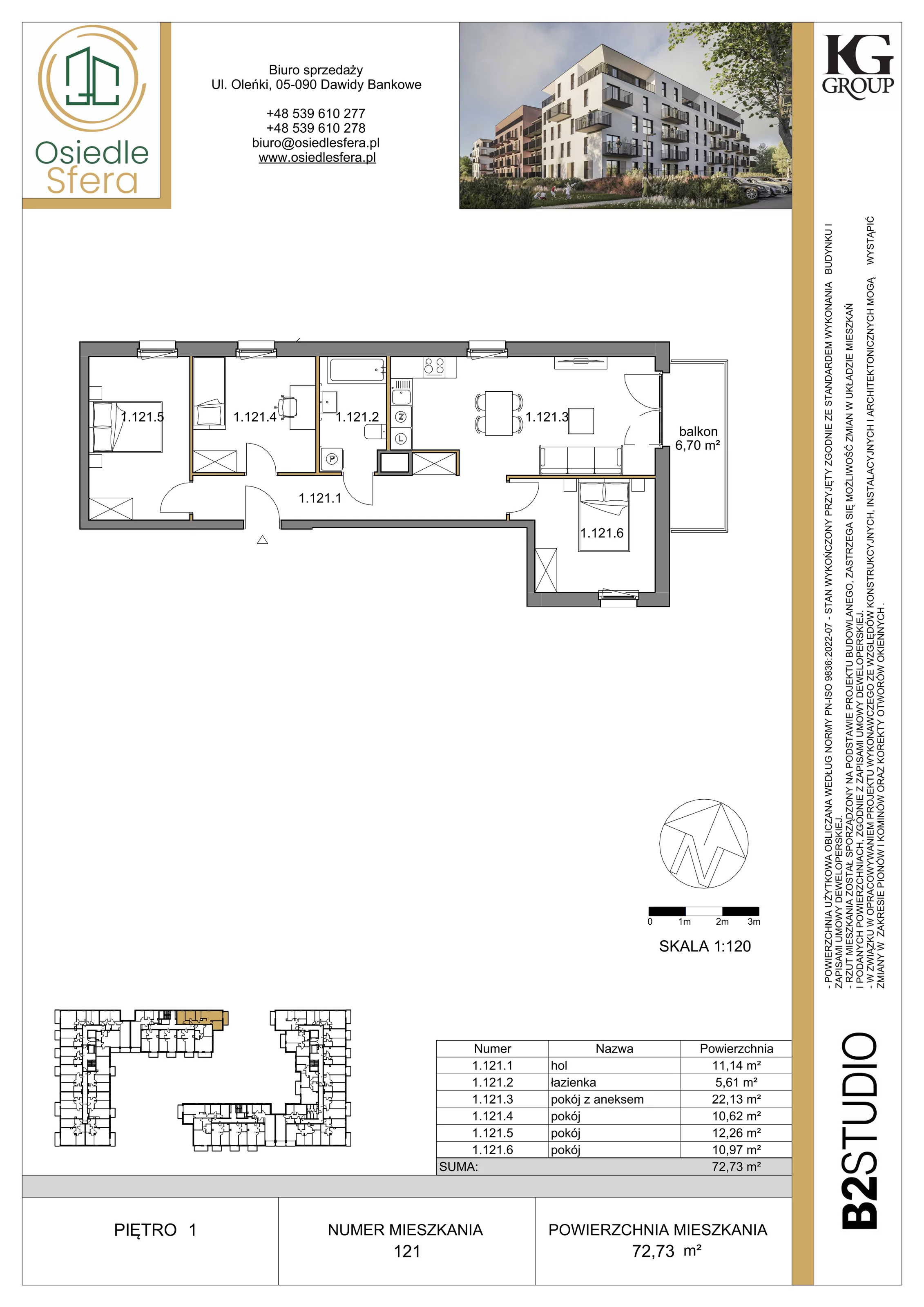 4 pokoje, mieszkanie 72,73 m², piętro 1, oferta nr 121, Osiedle Sfera - Etap II, Dawidy Bankowe, ul. Oleńki 14