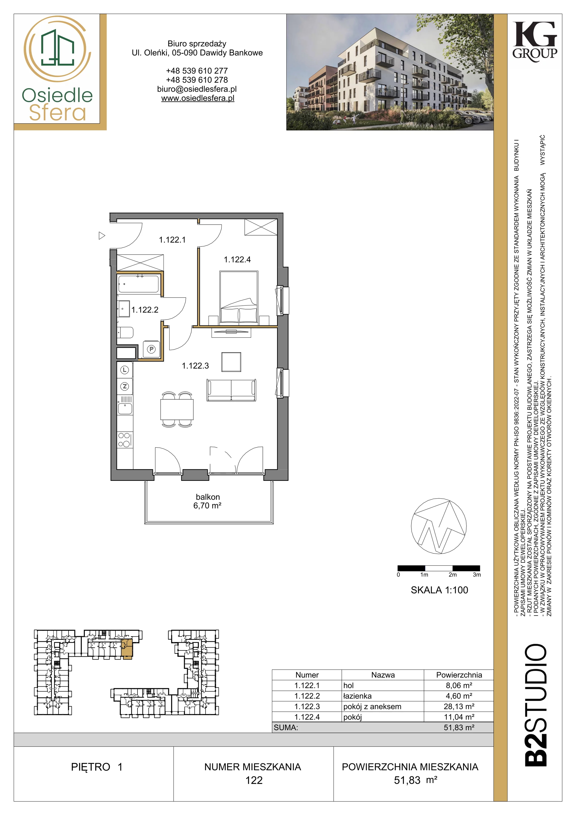 2 pokoje, mieszkanie 51,83 m², piętro 1, oferta nr 122, Osiedle Sfera - Etap II, Dawidy Bankowe, ul. Oleńki 14