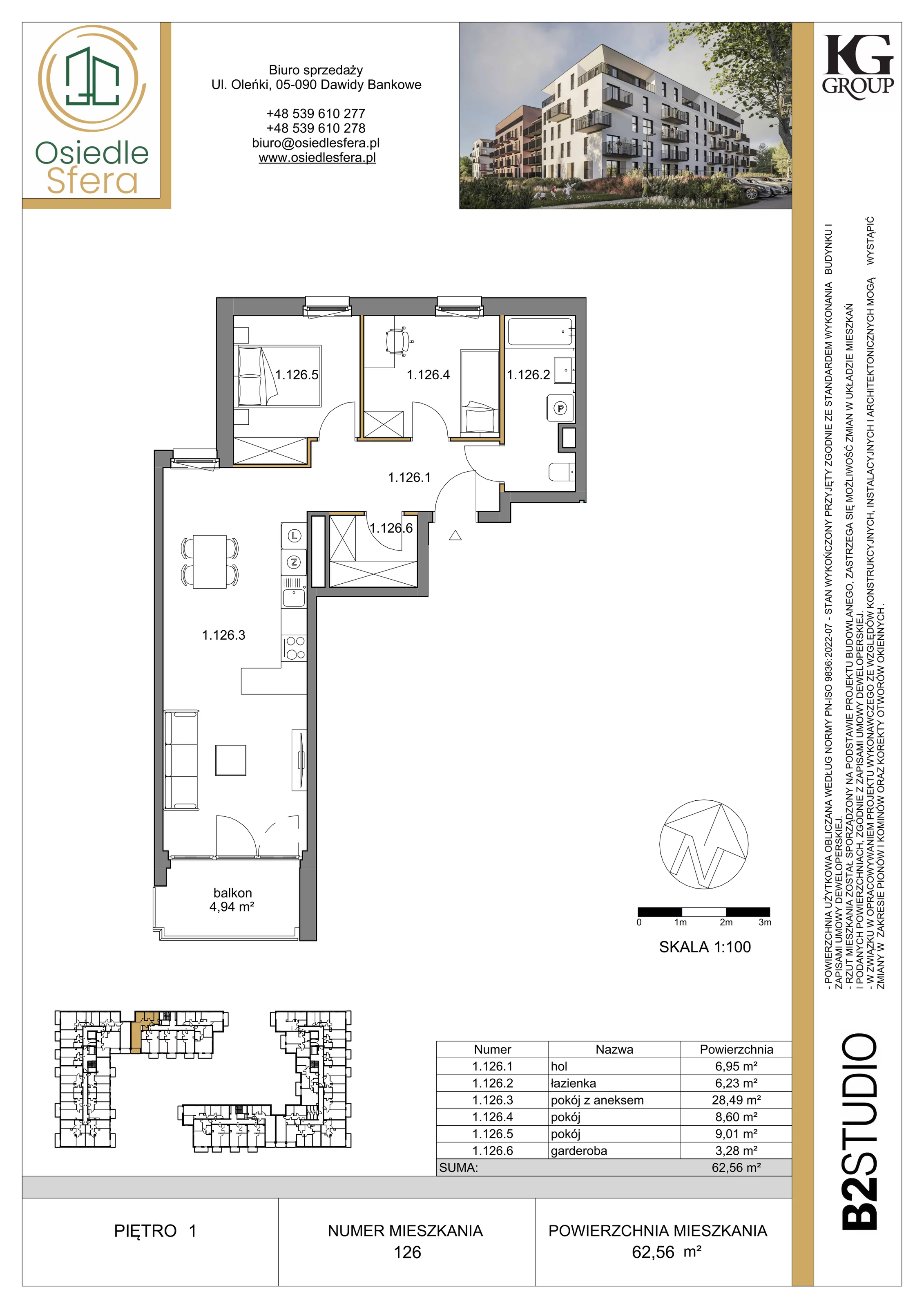 3 pokoje, mieszkanie 62,56 m², piętro 1, oferta nr 126, Osiedle Sfera - Etap II, Dawidy Bankowe, ul. Oleńki 14