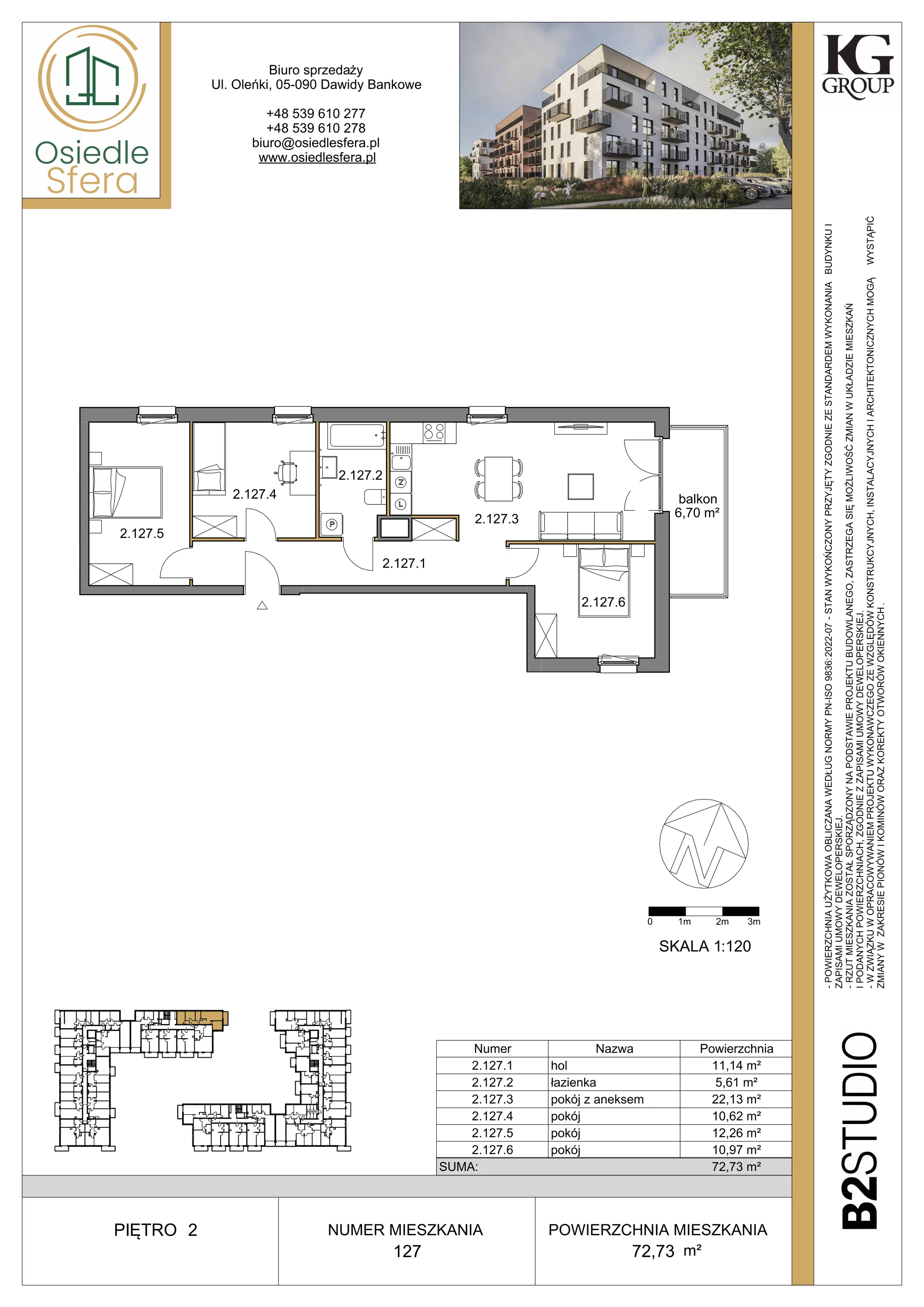 4 pokoje, mieszkanie 72,73 m², piętro 2, oferta nr 127, Osiedle Sfera - Etap II, Dawidy Bankowe, ul. Oleńki 14