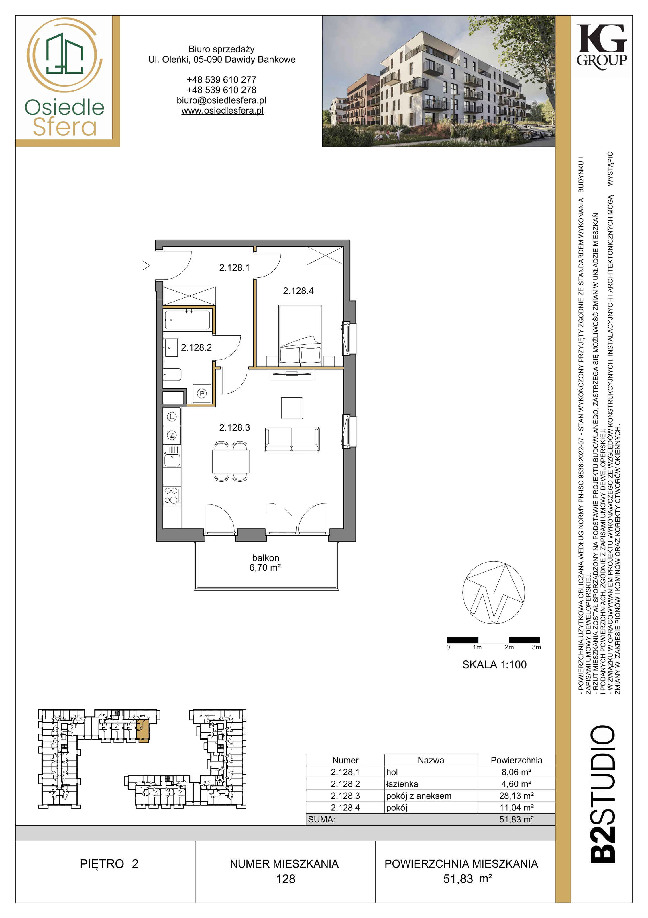 2 pokoje, mieszkanie 51,83 m², piętro 2, oferta nr 128, Osiedle Sfera - Etap II, Dawidy Bankowe, ul. Oleńki 14