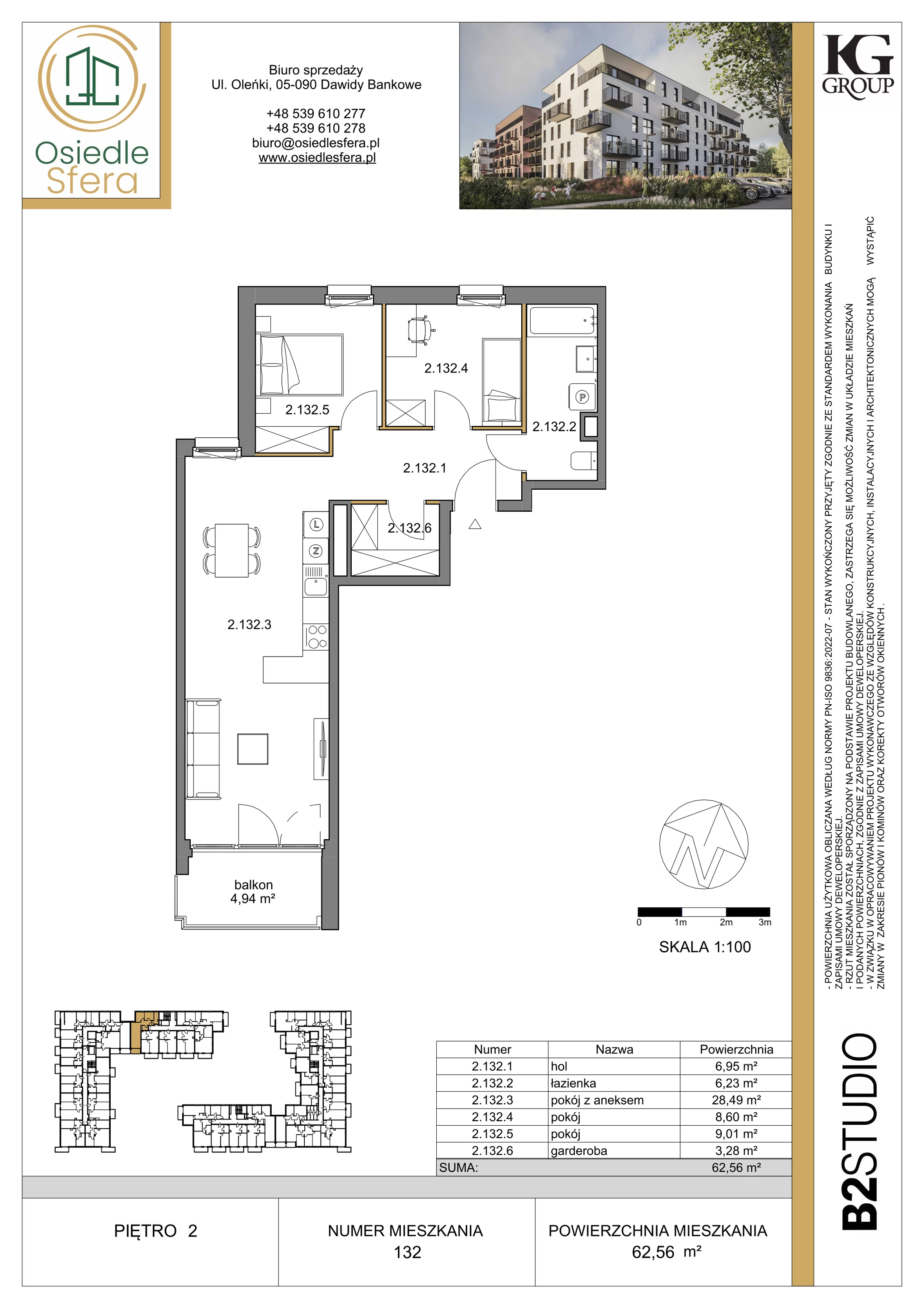 3 pokoje, mieszkanie 62,56 m², piętro 2, oferta nr 132, Osiedle Sfera - Etap II, Dawidy Bankowe, ul. Oleńki 14