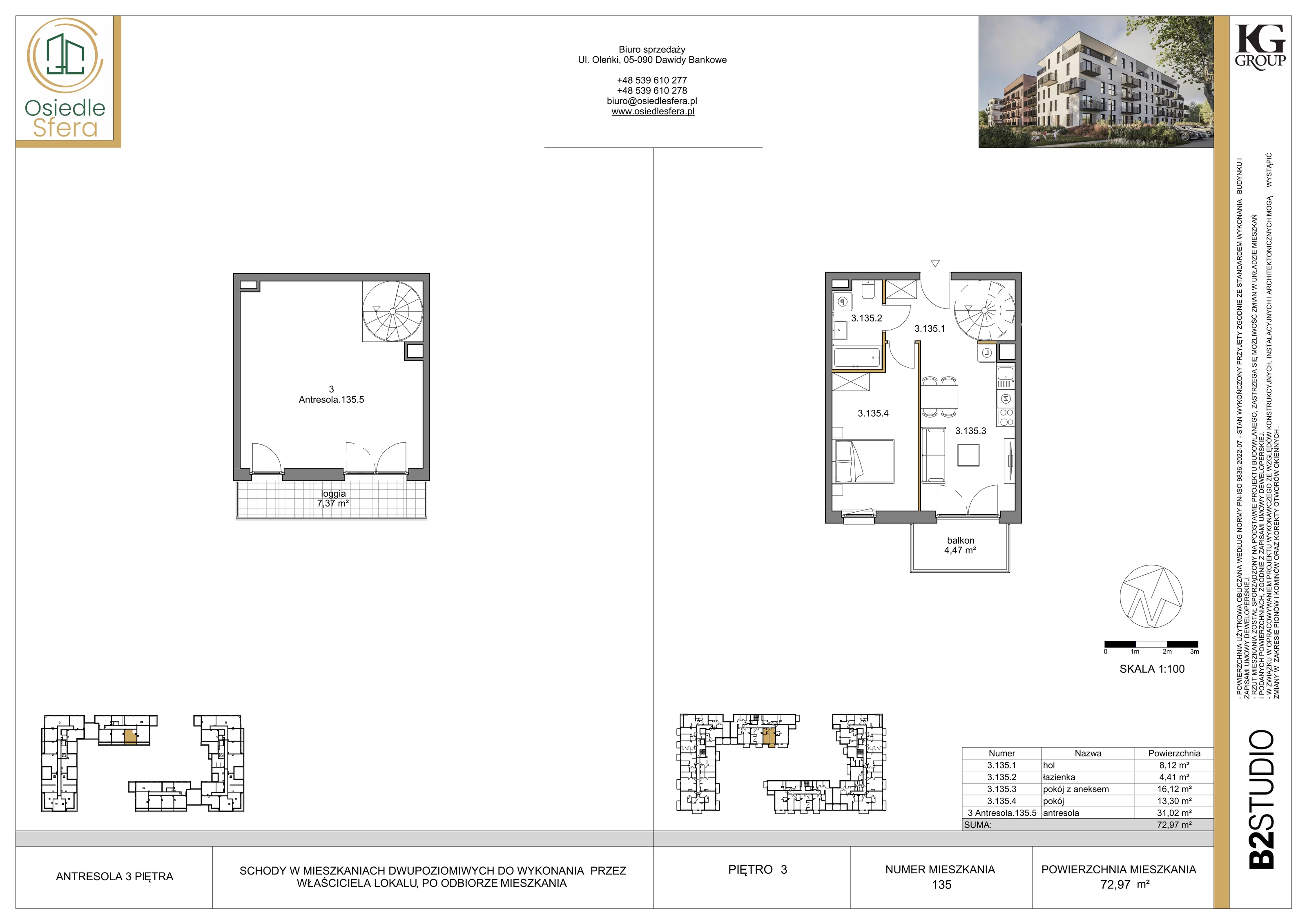 3 pokoje, mieszkanie 72,97 m², piętro 3, oferta nr 135, Osiedle Sfera - Etap II, Dawidy Bankowe, ul. Oleńki 14