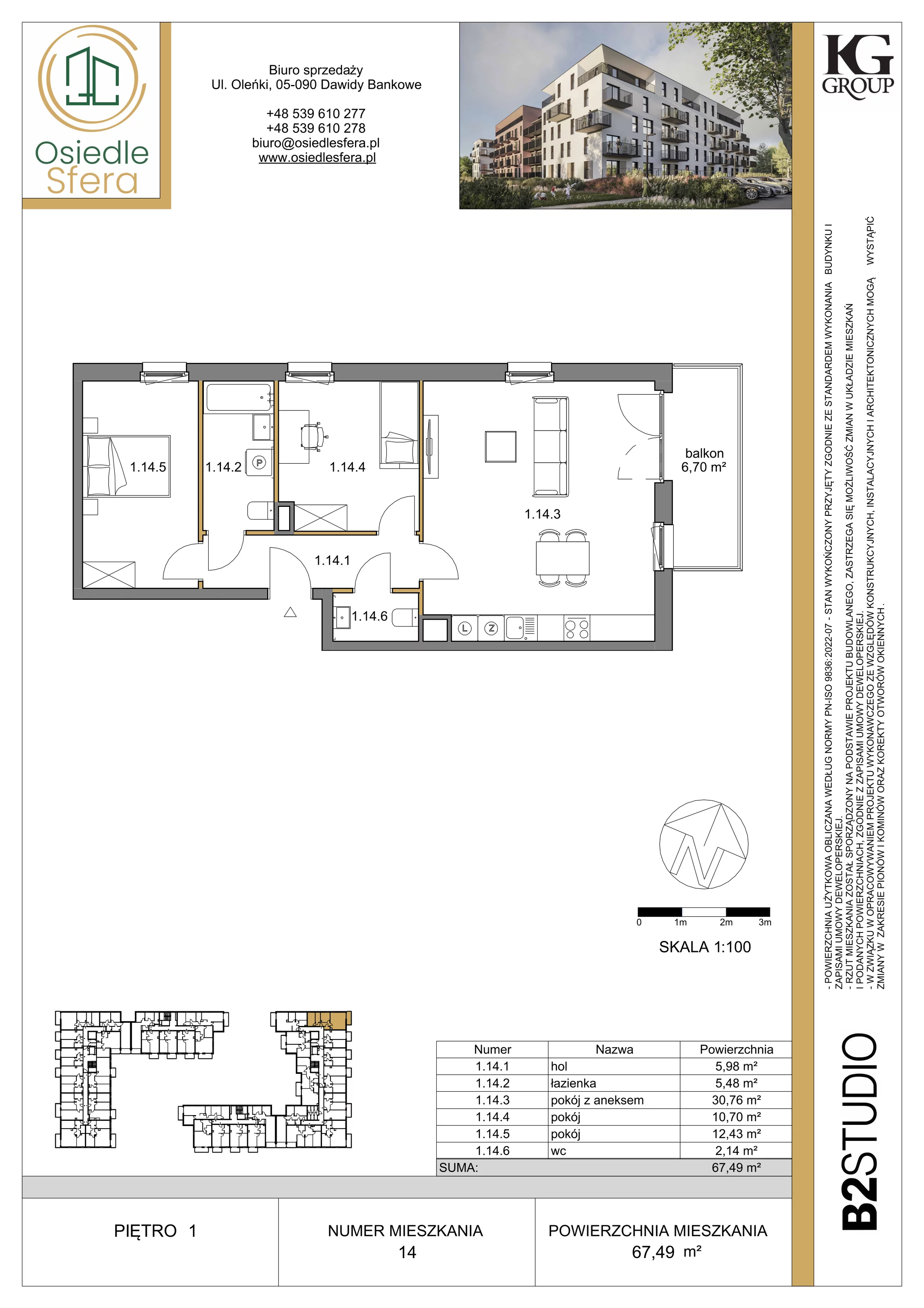 3 pokoje, mieszkanie 67,49 m², piętro 1, oferta nr 14, Osiedle Sfera - Etap II, Dawidy Bankowe, ul. Oleńki 14