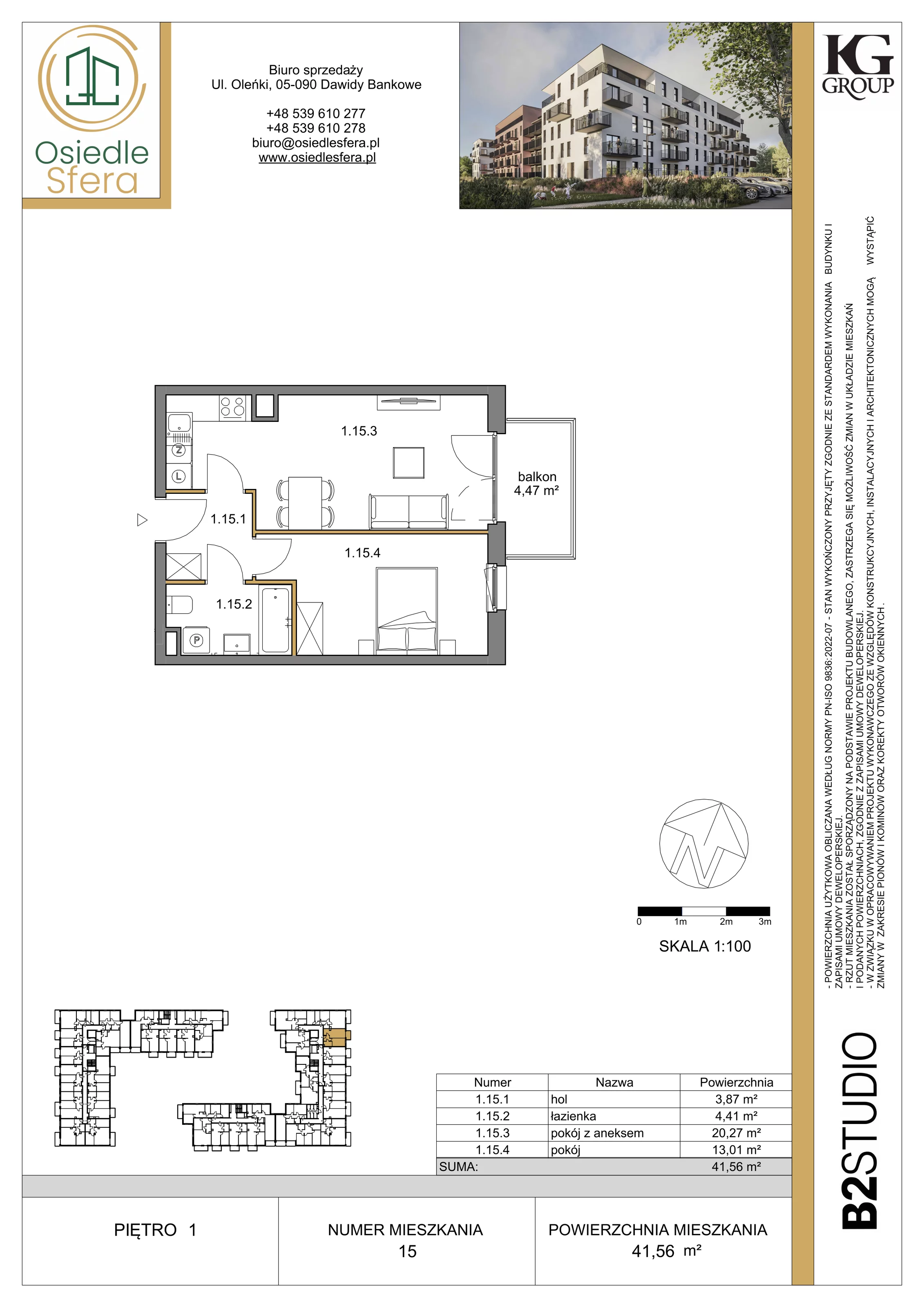 2 pokoje, mieszkanie 41,56 m², piętro 1, oferta nr 15, Osiedle Sfera - Etap II, Dawidy Bankowe, ul. Oleńki 14