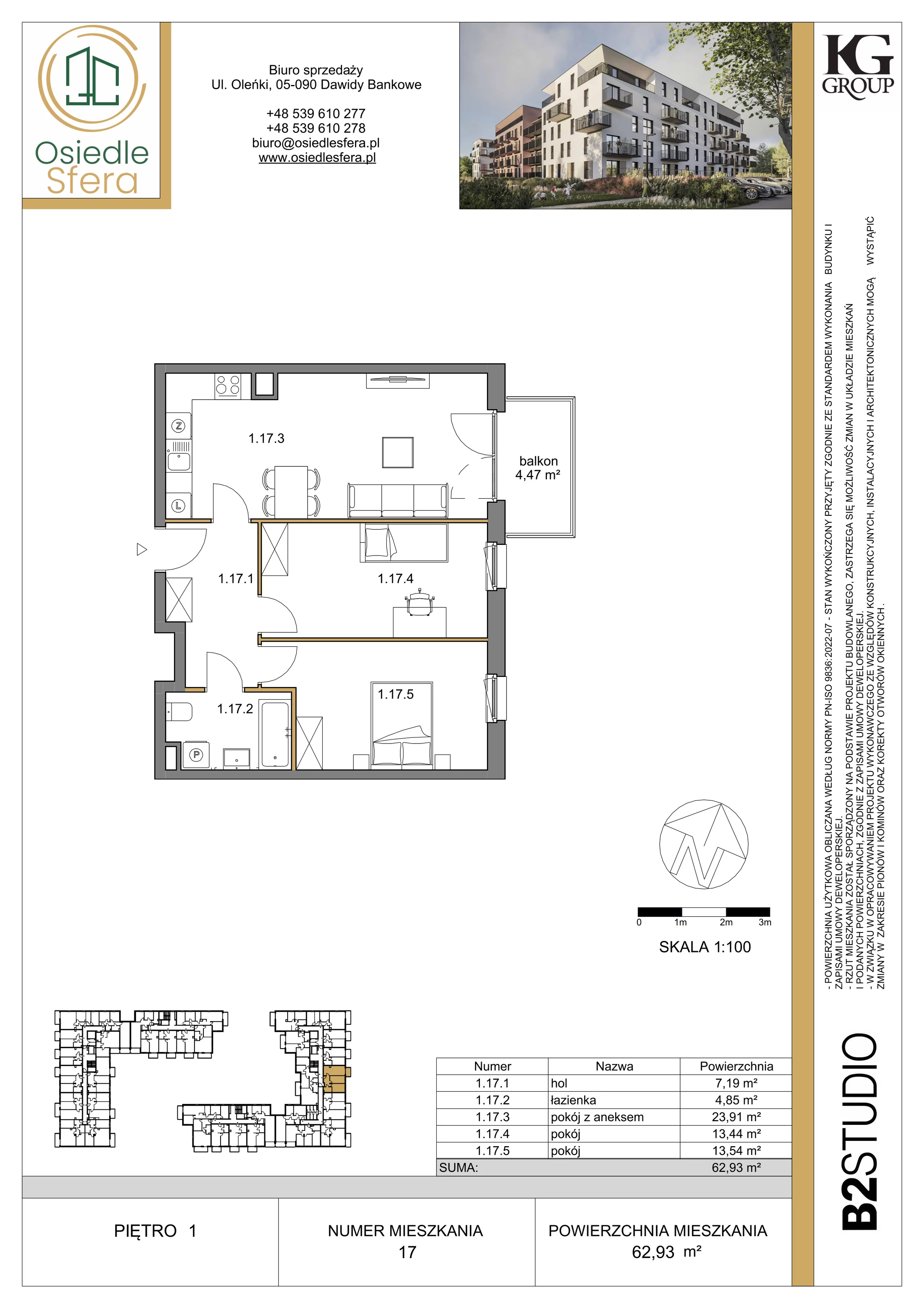 3 pokoje, mieszkanie 62,93 m², piętro 1, oferta nr 17, Osiedle Sfera - Etap II, Dawidy Bankowe, ul. Oleńki 14