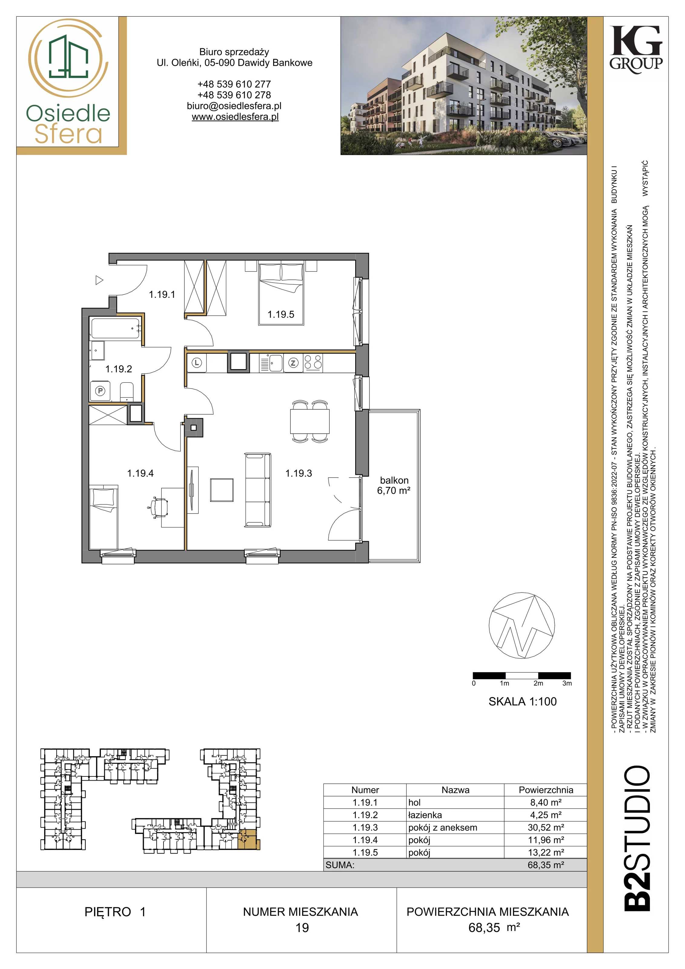2 pokoje, mieszkanie 68,35 m², piętro 1, oferta nr 19, Osiedle Sfera - Etap II, Dawidy Bankowe, ul. Oleńki 14