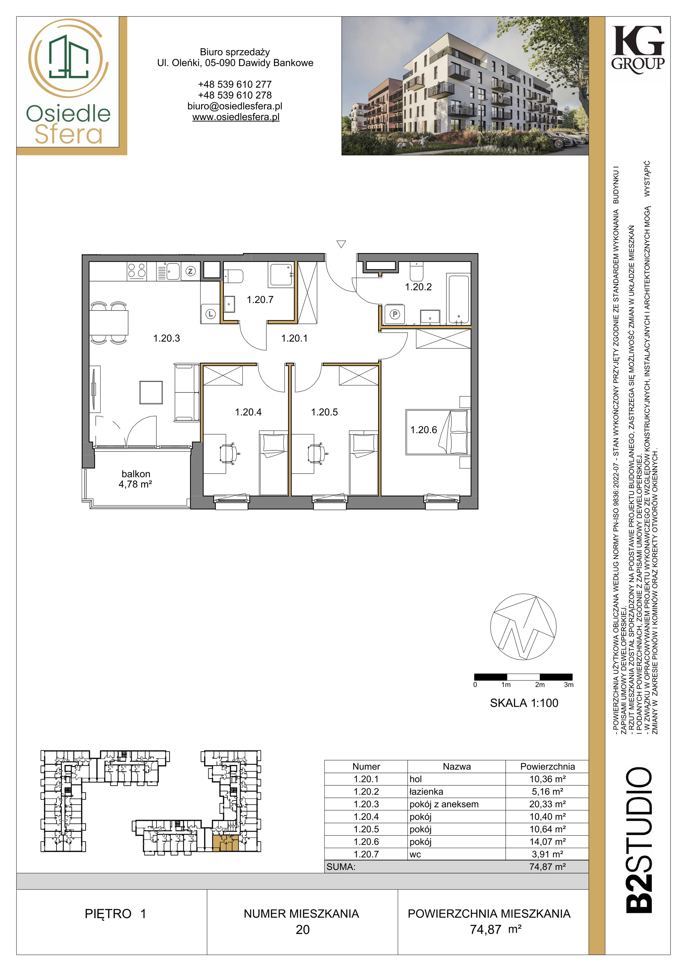 4 pokoje, mieszkanie 74,87 m², piętro 1, oferta nr 20, Osiedle Sfera - Etap II, Dawidy Bankowe, ul. Oleńki 14