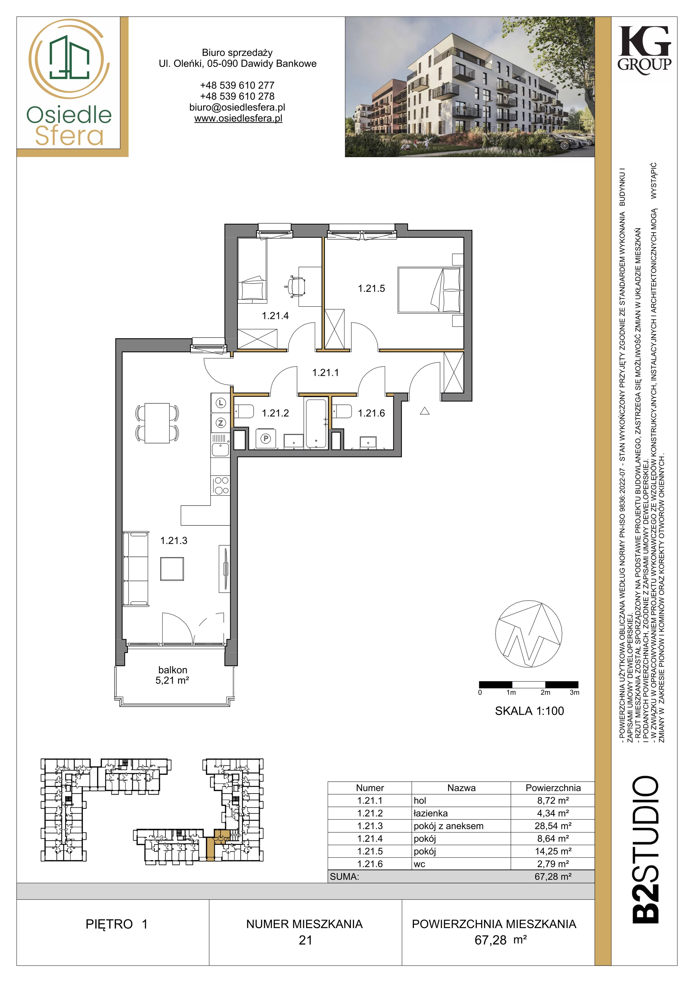3 pokoje, mieszkanie 67,28 m², piętro 1, oferta nr 21, Osiedle Sfera - Etap II, Dawidy Bankowe, ul. Oleńki 14