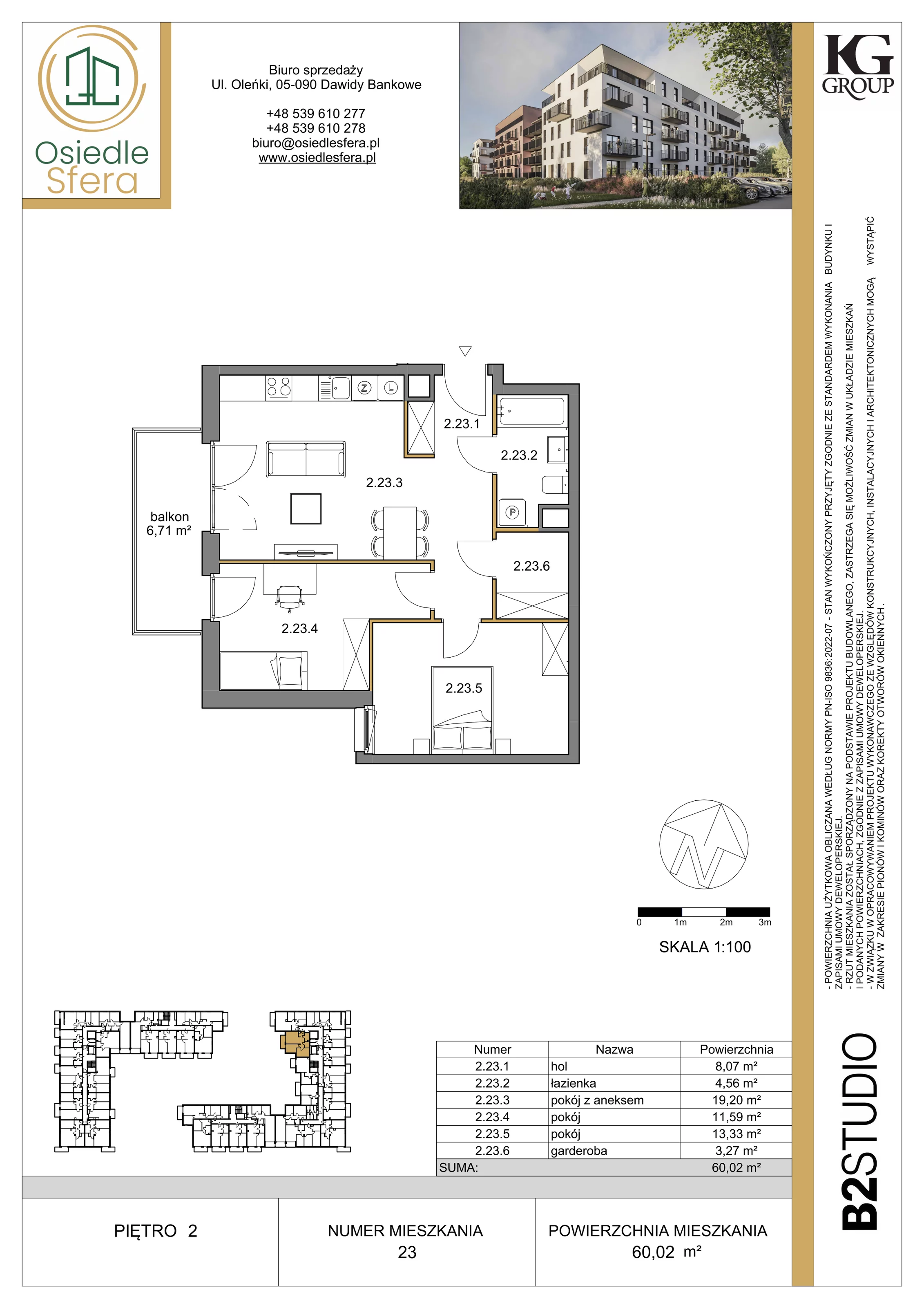 3 pokoje, mieszkanie 60,02 m², piętro 2, oferta nr 23, Osiedle Sfera - Etap II, Dawidy Bankowe, ul. Oleńki 14