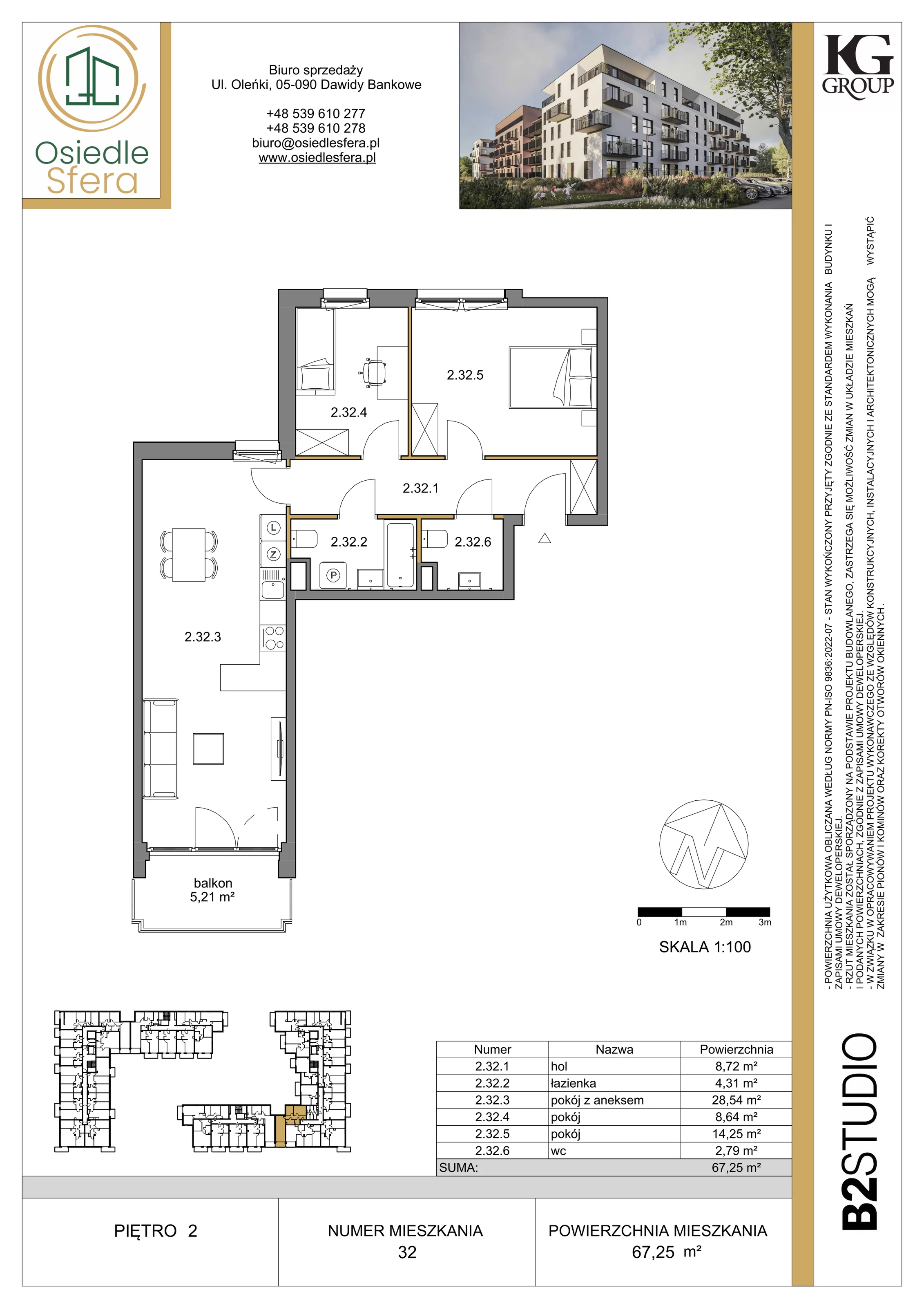 3 pokoje, mieszkanie 67,25 m², piętro 2, oferta nr 32, Osiedle Sfera - Etap II, Dawidy Bankowe, ul. Oleńki 14