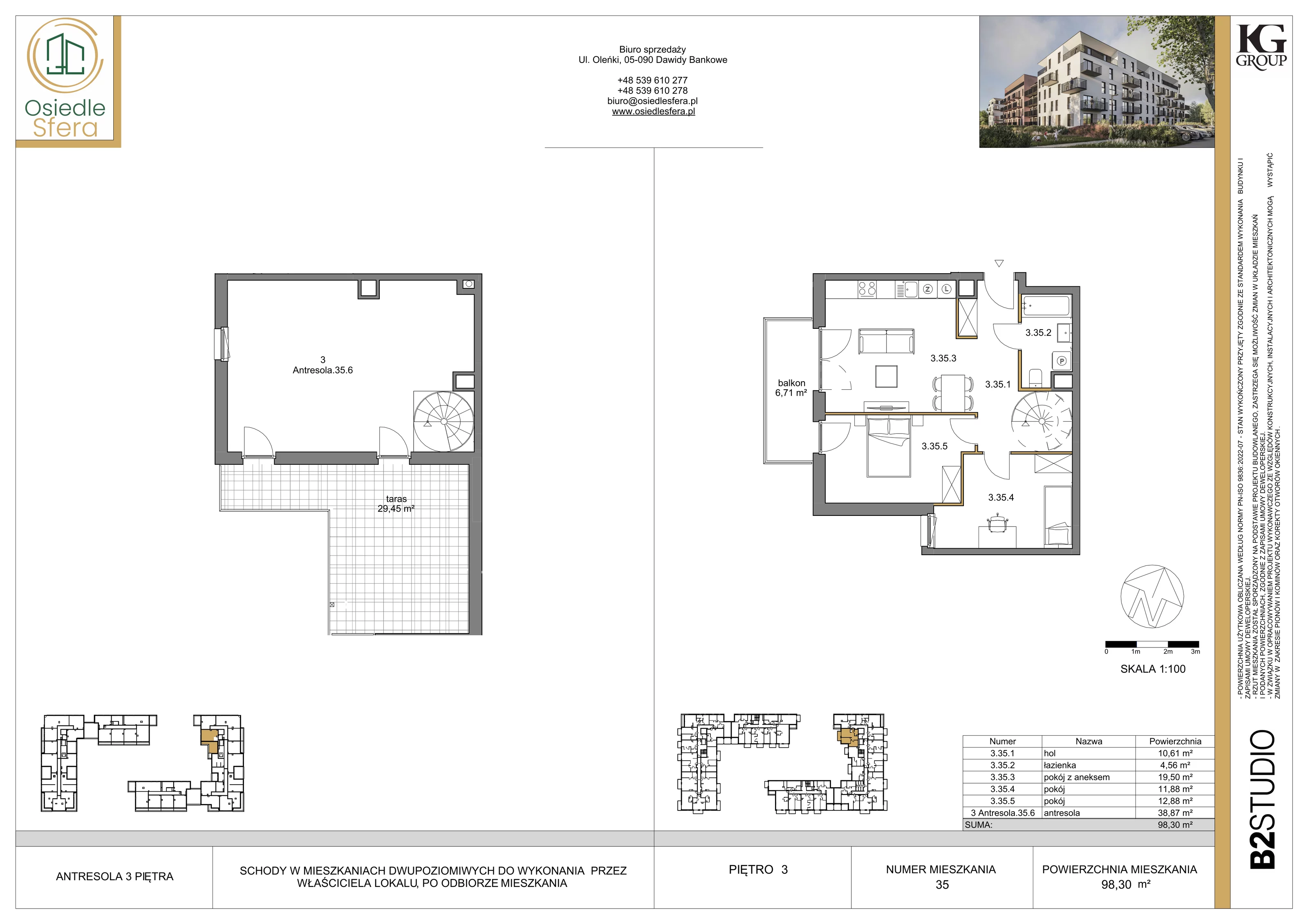 3 pokoje, mieszkanie 99,03 m², piętro 3, oferta nr 35, Osiedle Sfera - Etap II, Dawidy Bankowe, ul. Oleńki 14