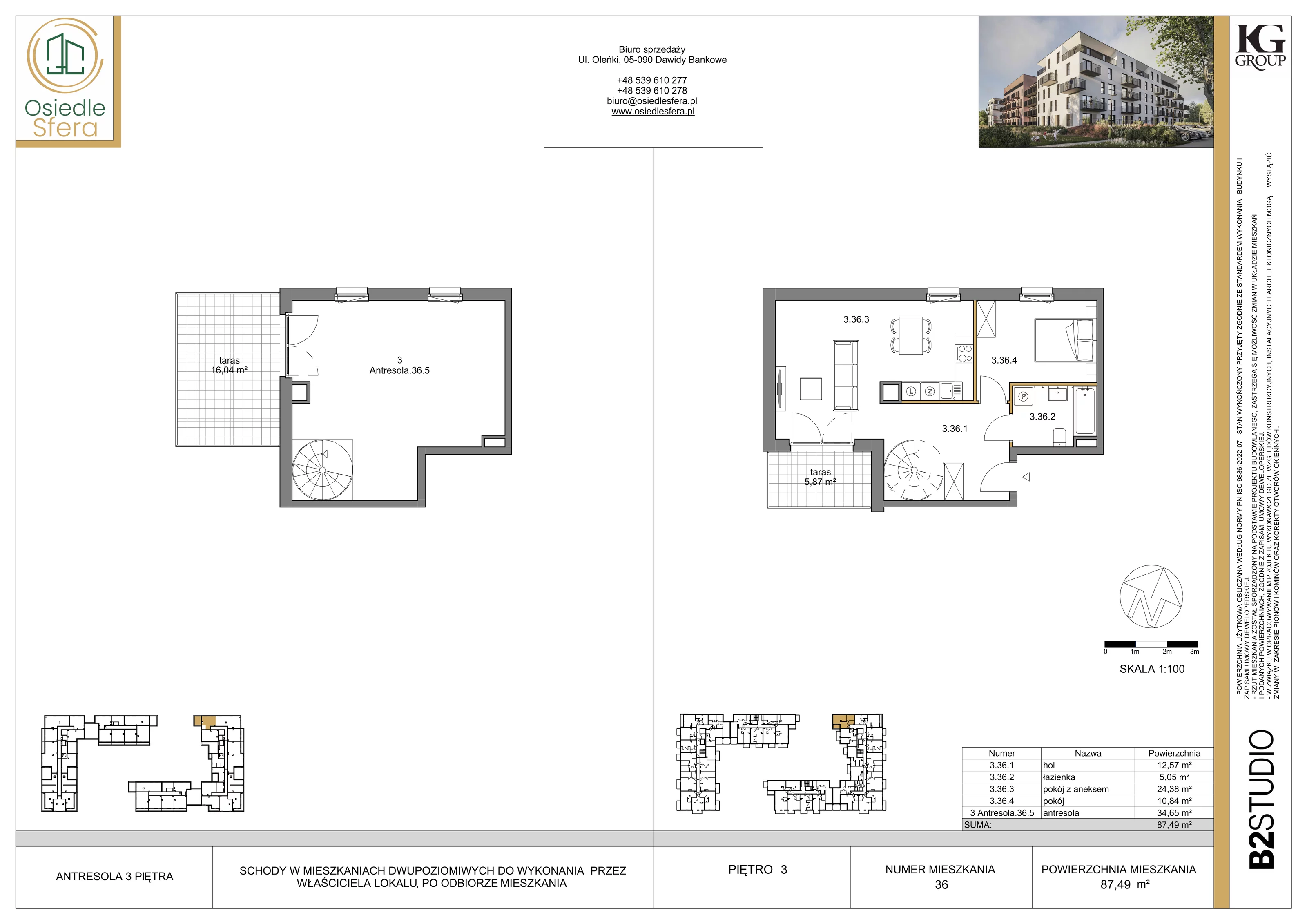 2 pokoje, mieszkanie 87,49 m², piętro 3, oferta nr 36, Osiedle Sfera - Etap II, Dawidy Bankowe, ul. Oleńki 14