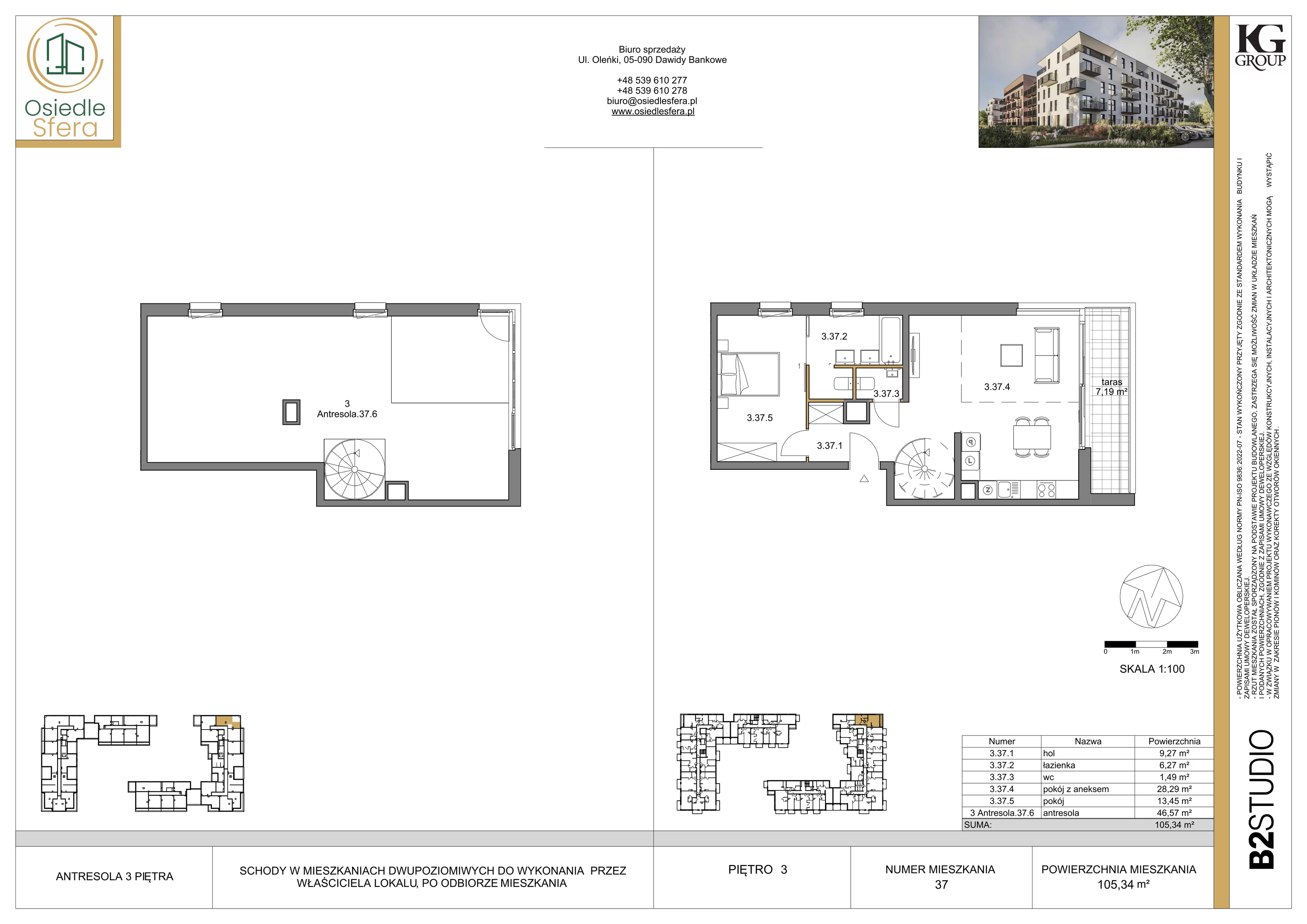 2 pokoje, mieszkanie 105,34 m², piętro 3, oferta nr 37, Osiedle Sfera - Etap II, Dawidy Bankowe, ul. Oleńki 14