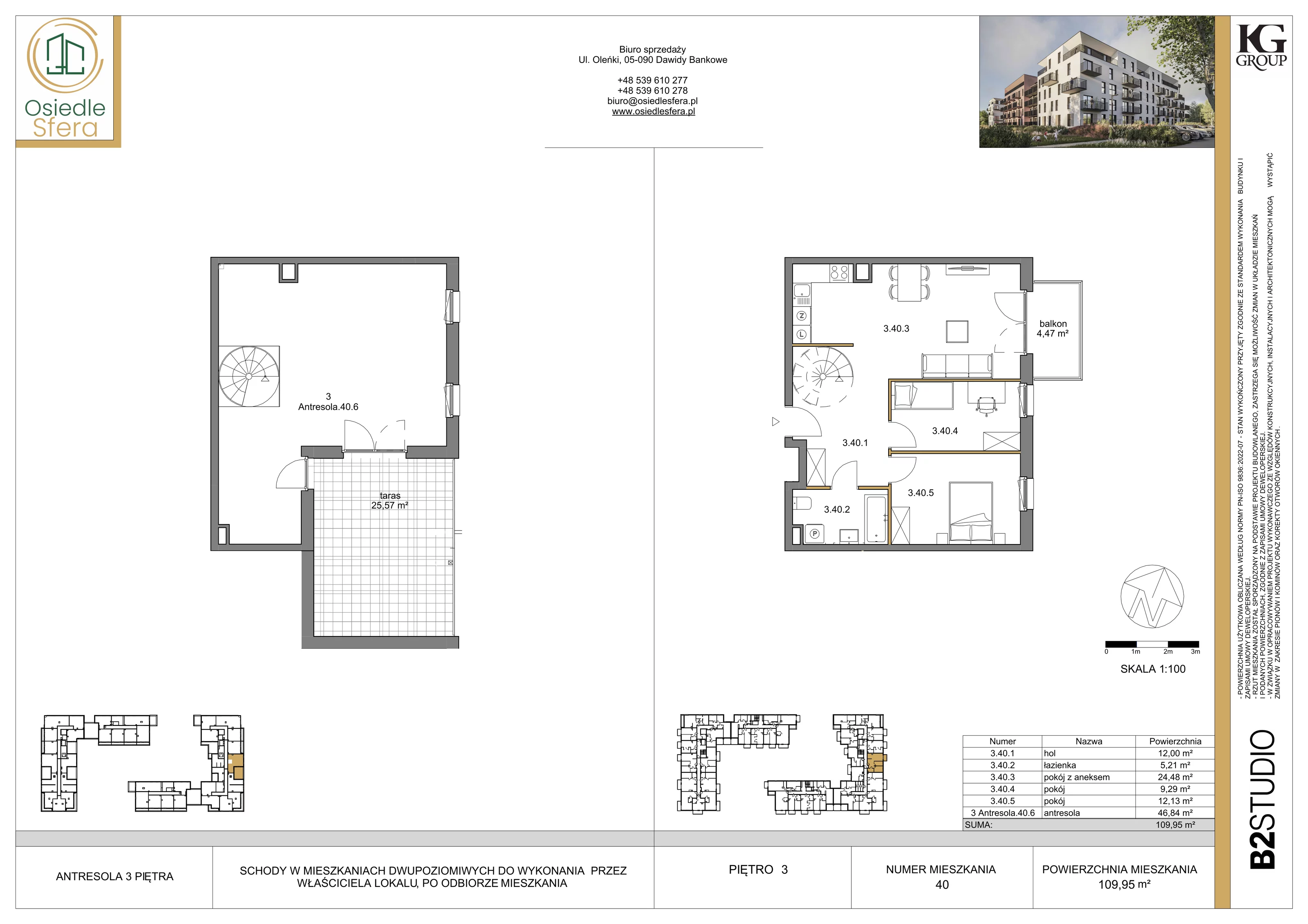 3 pokoje, mieszkanie 109,95 m², piętro 3, oferta nr 40, Osiedle Sfera - Etap II, Dawidy Bankowe, ul. Oleńki 14