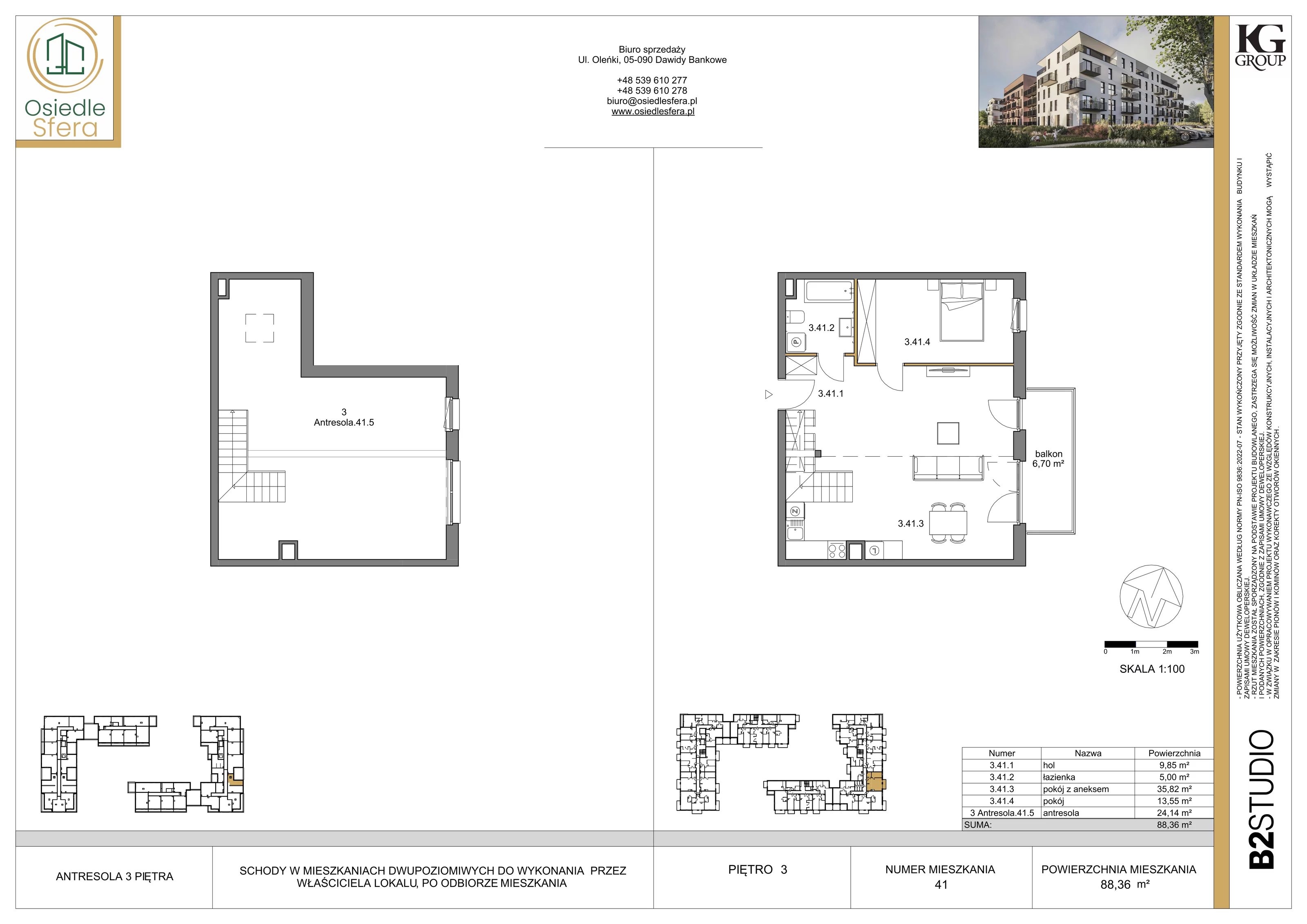 3 pokoje, mieszkanie 88,36 m², piętro 3, oferta nr 41, Osiedle Sfera - Etap II, Dawidy Bankowe, ul. Oleńki 14