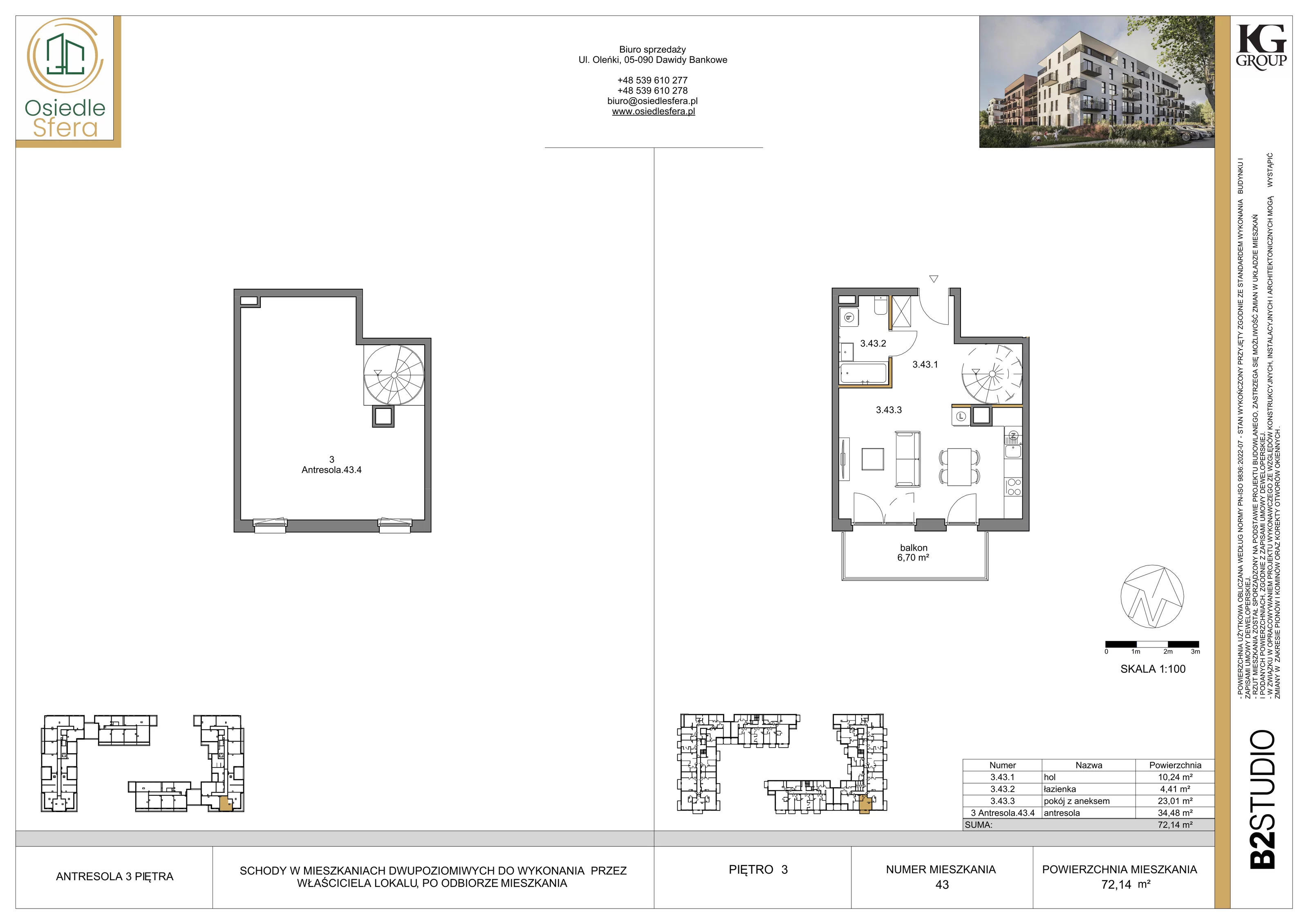 1 pokój, mieszkanie 72,14 m², piętro 3, oferta nr 43, Osiedle Sfera - Etap II, Dawidy Bankowe, ul. Oleńki 14