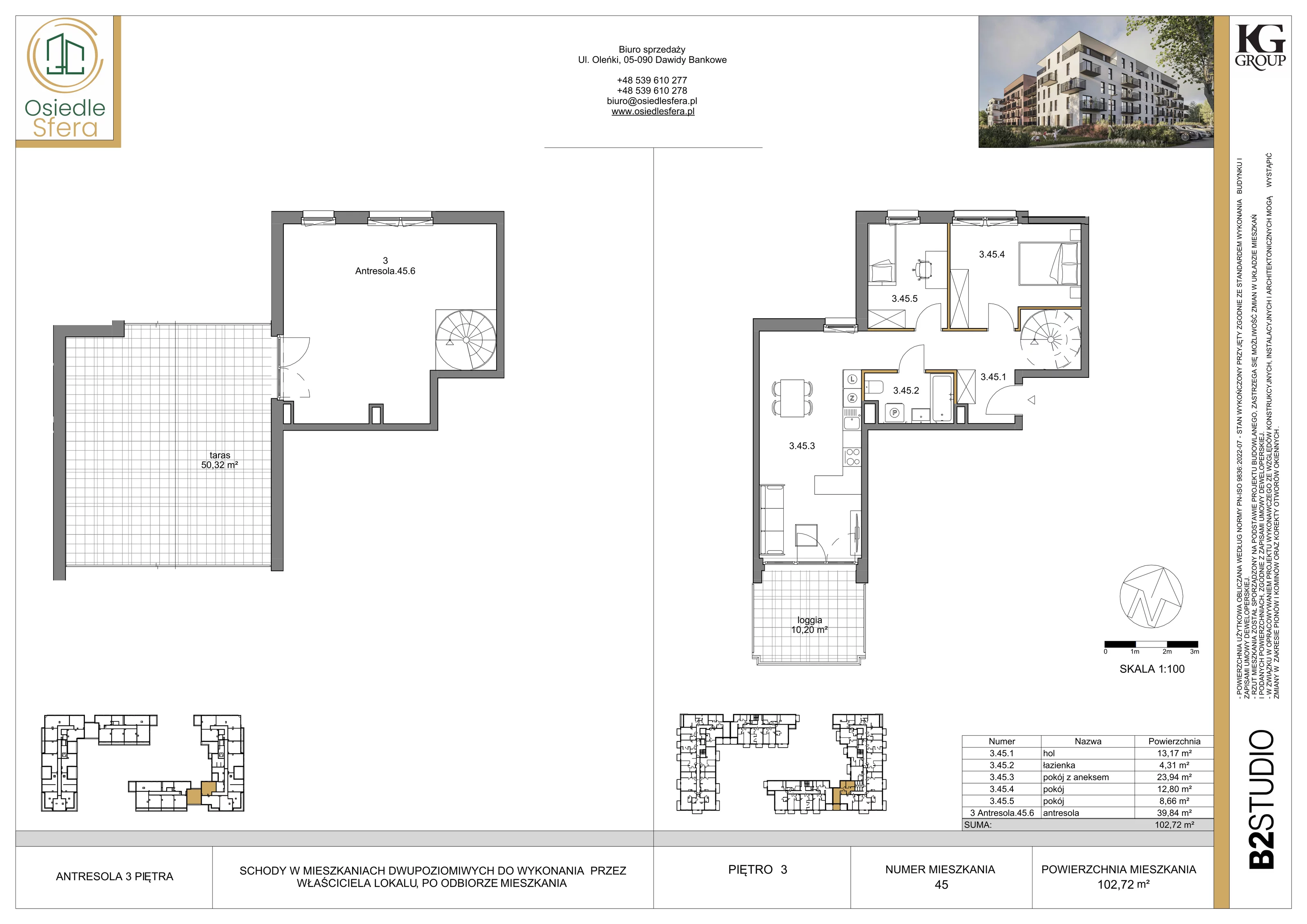3 pokoje, mieszkanie 102,72 m², piętro 3, oferta nr 45, Osiedle Sfera - Etap II, Dawidy Bankowe, ul. Oleńki 14