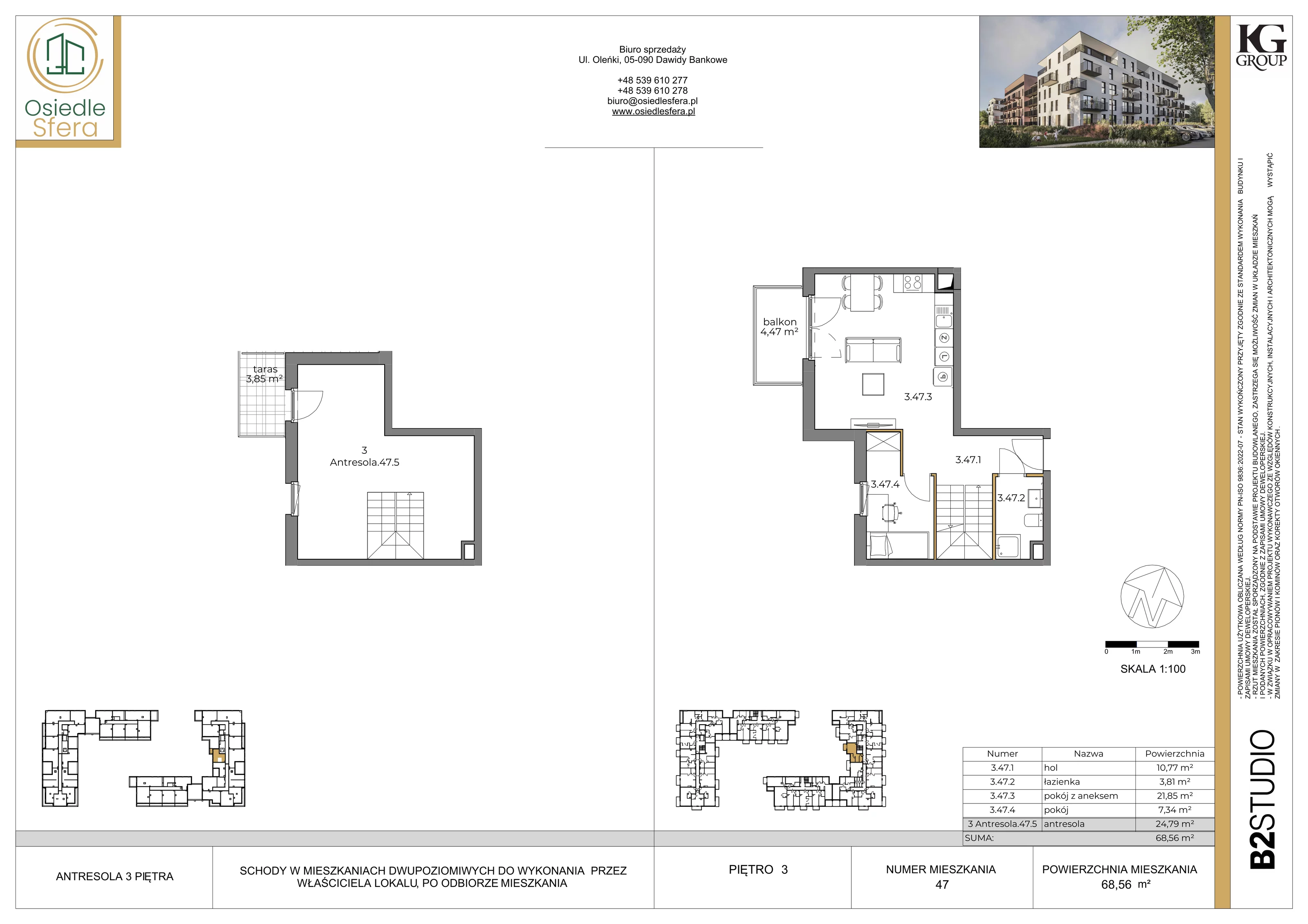 3 pokoje, mieszkanie 68,56 m², piętro 3, oferta nr 47, Osiedle Sfera - Etap II, Dawidy Bankowe, ul. Oleńki 14