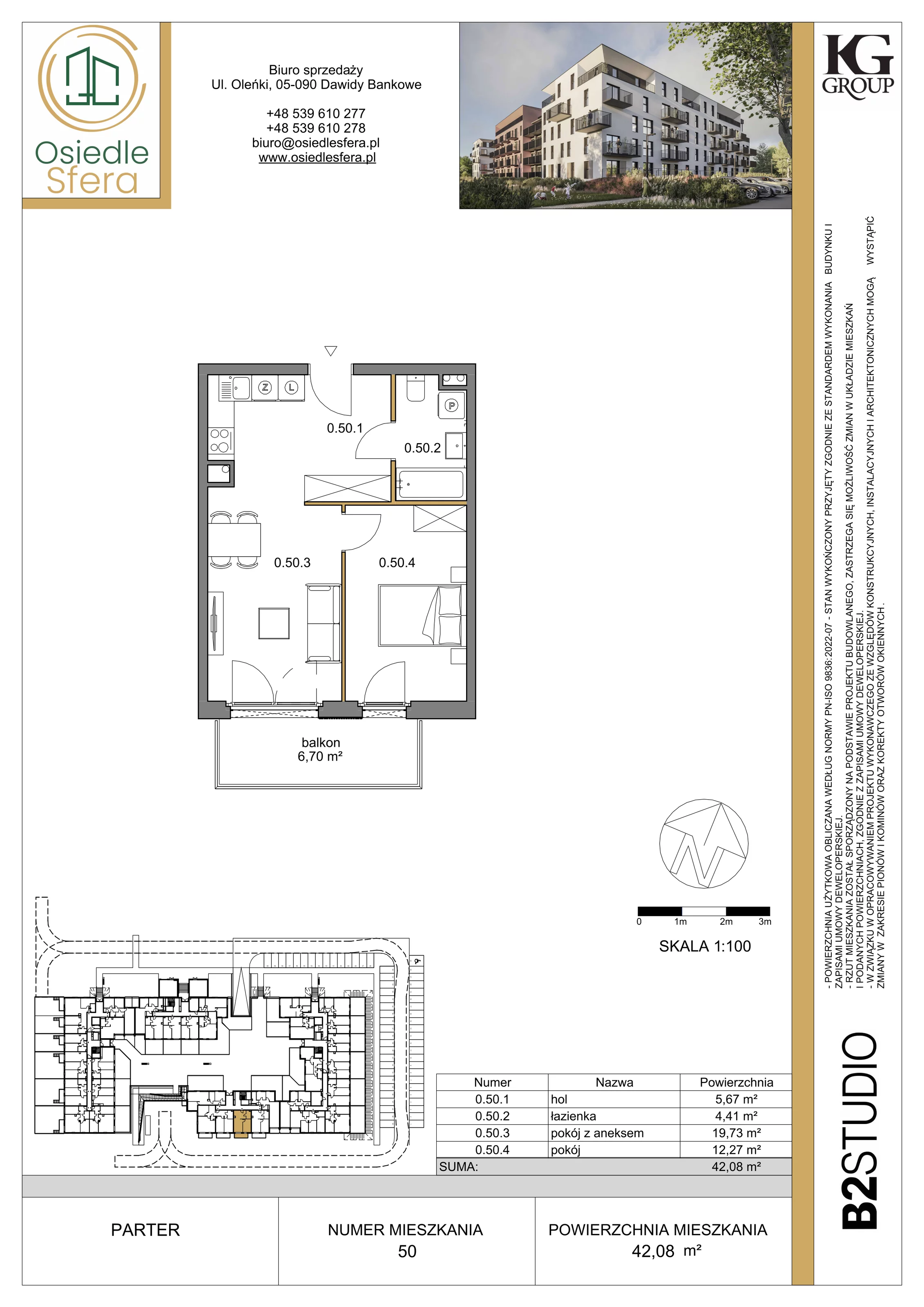 2 pokoje, mieszkanie 42,08 m², parter, oferta nr 50, Osiedle Sfera - Etap II, Dawidy Bankowe, ul. Oleńki 14