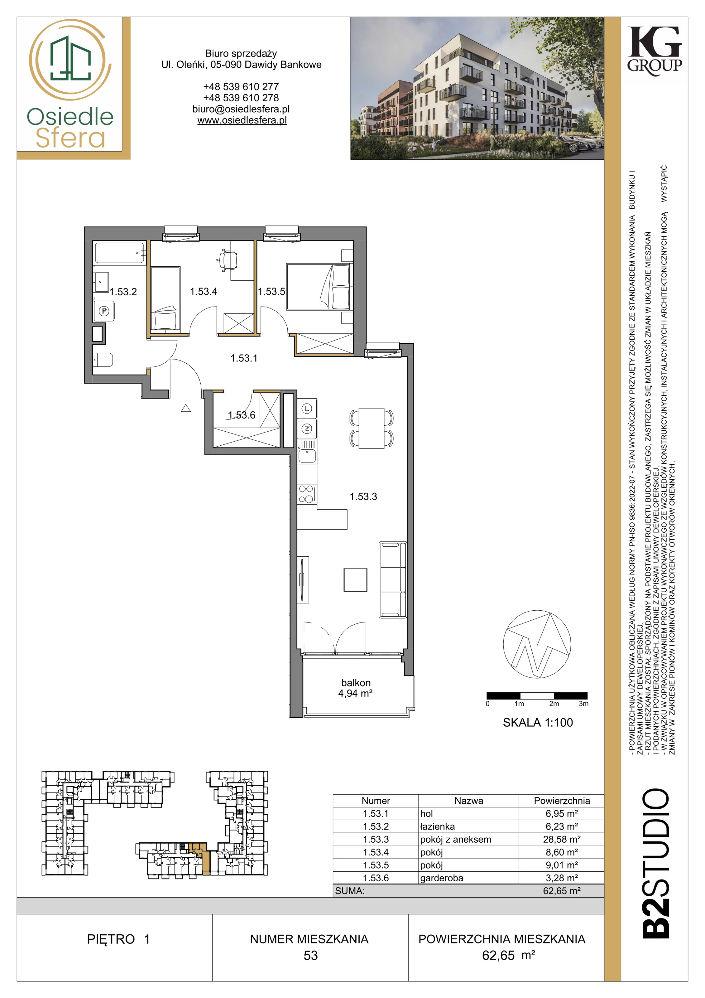 3 pokoje, mieszkanie 62,65 m², piętro 1, oferta nr 53, Osiedle Sfera - Etap II, Dawidy Bankowe, ul. Oleńki 14