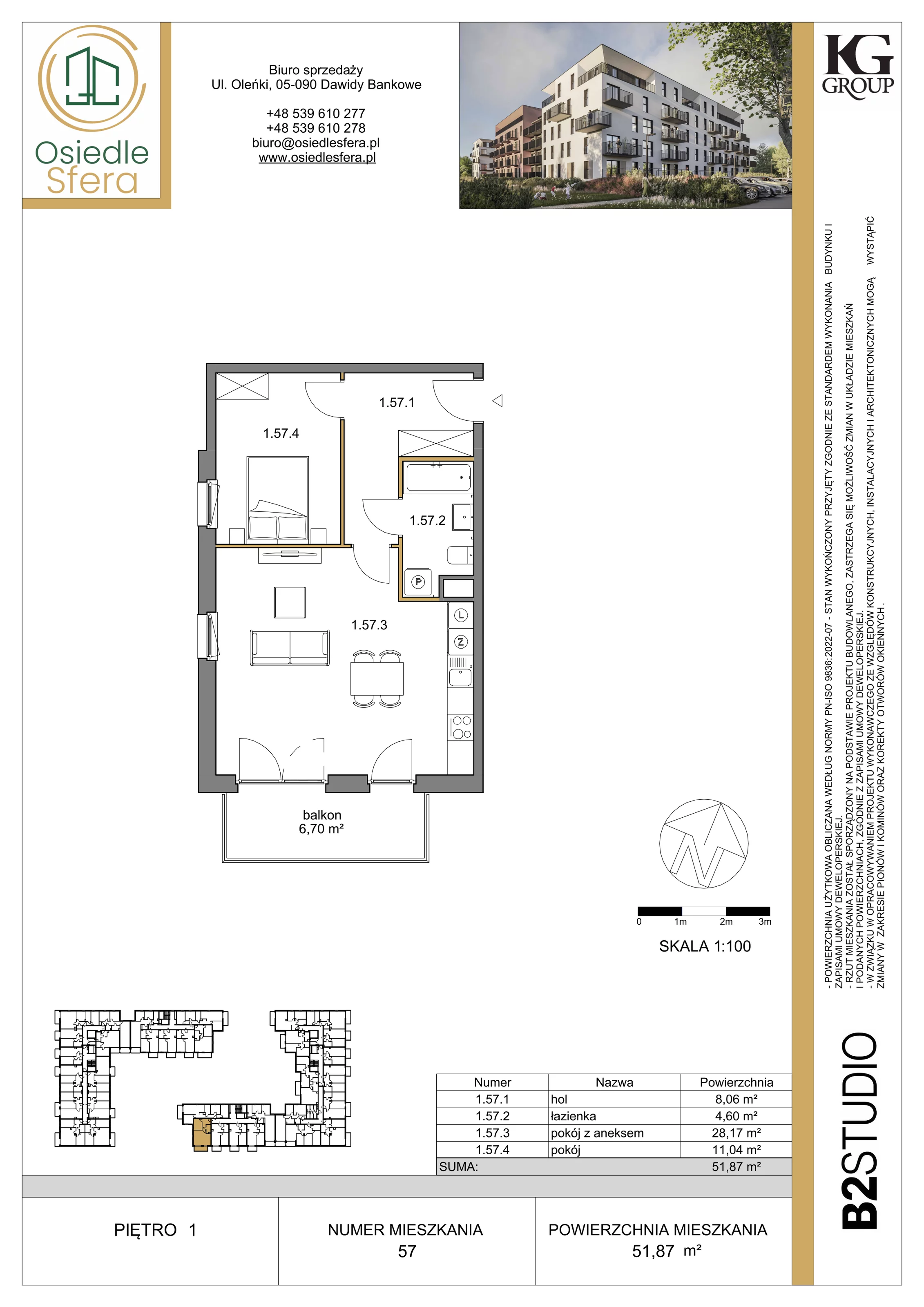 2 pokoje, mieszkanie 51,87 m², piętro 1, oferta nr 57, Osiedle Sfera - Etap II, Dawidy Bankowe, ul. Oleńki 14
