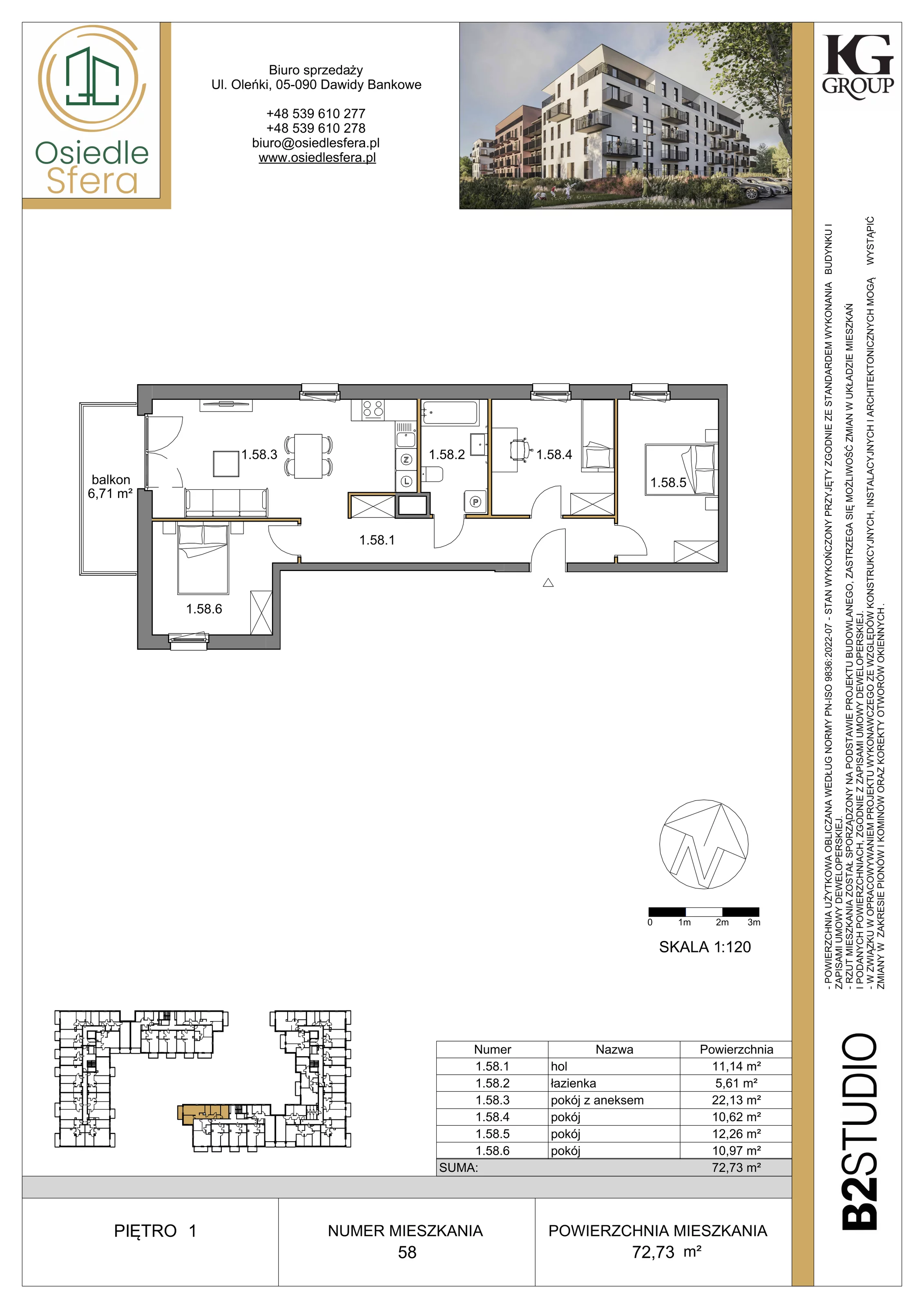 4 pokoje, mieszkanie 72,73 m², piętro 1, oferta nr 58, Osiedle Sfera - Etap II, Dawidy Bankowe, ul. Oleńki 14