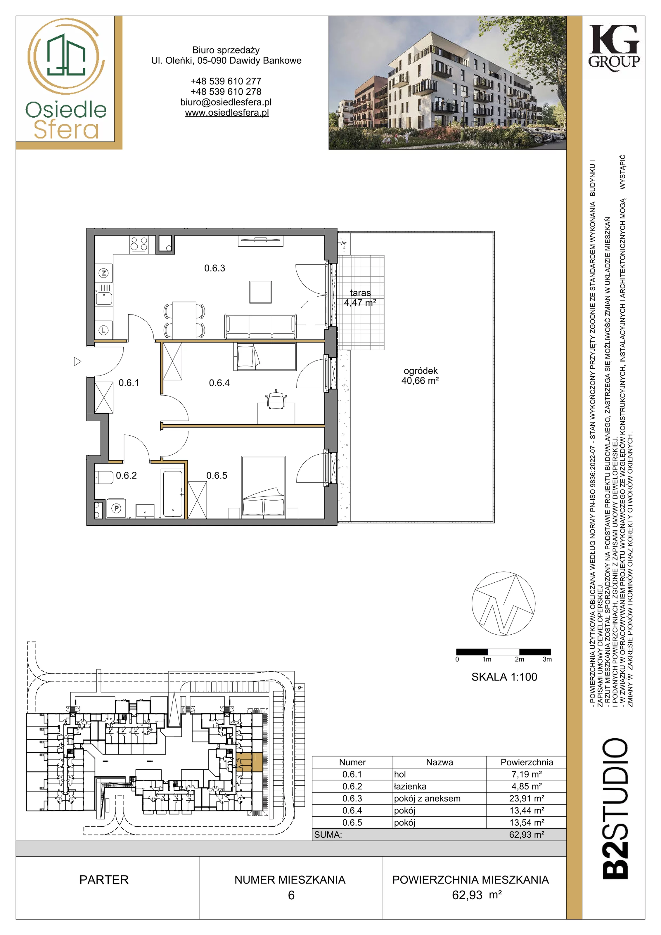 3 pokoje, mieszkanie 62,93 m², parter, oferta nr 6, Osiedle Sfera - Etap II, Dawidy Bankowe, ul. Oleńki 14