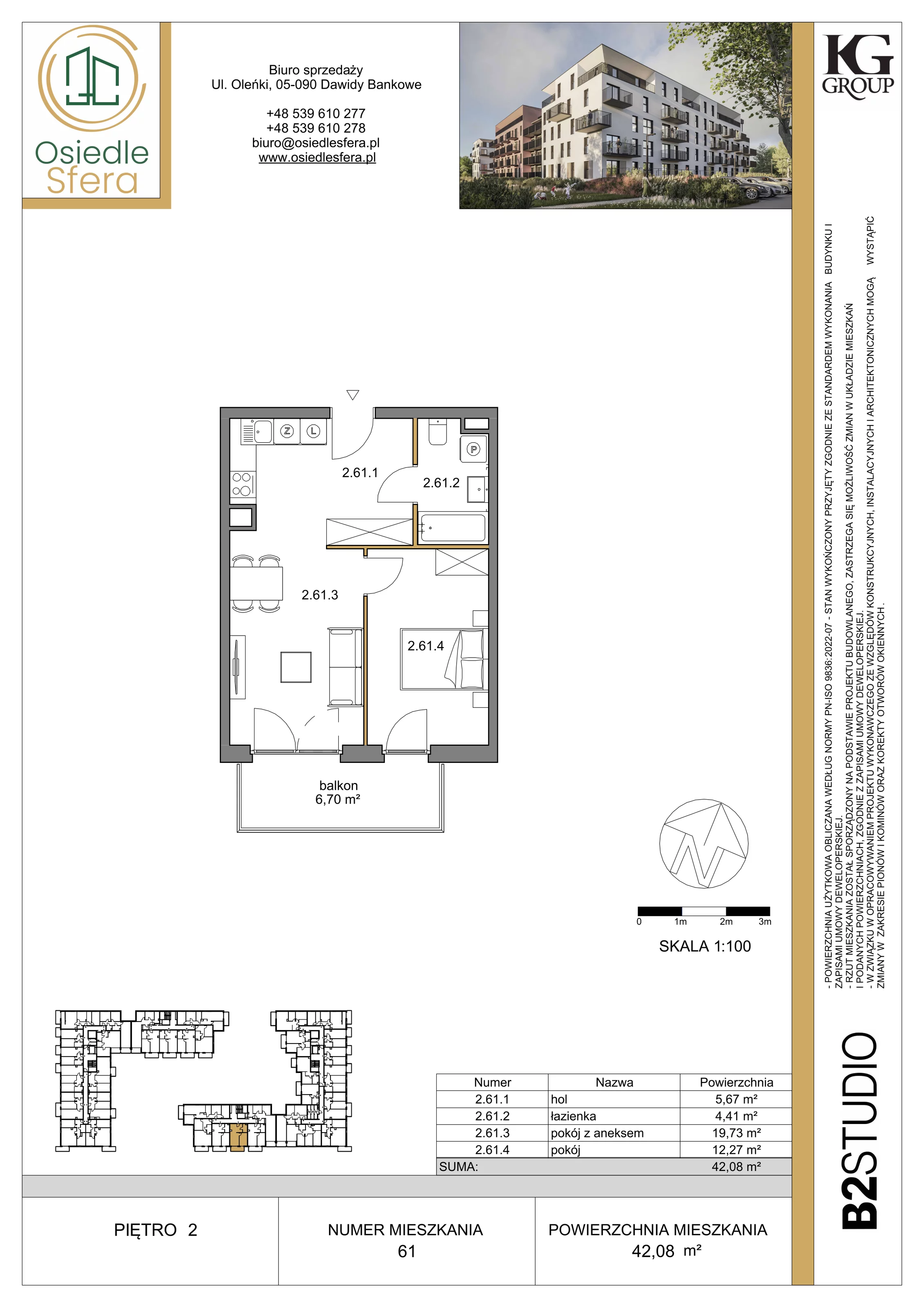 2 pokoje, mieszkanie 42,08 m², piętro 2, oferta nr 61, Osiedle Sfera - Etap II, Dawidy Bankowe, ul. Oleńki 14