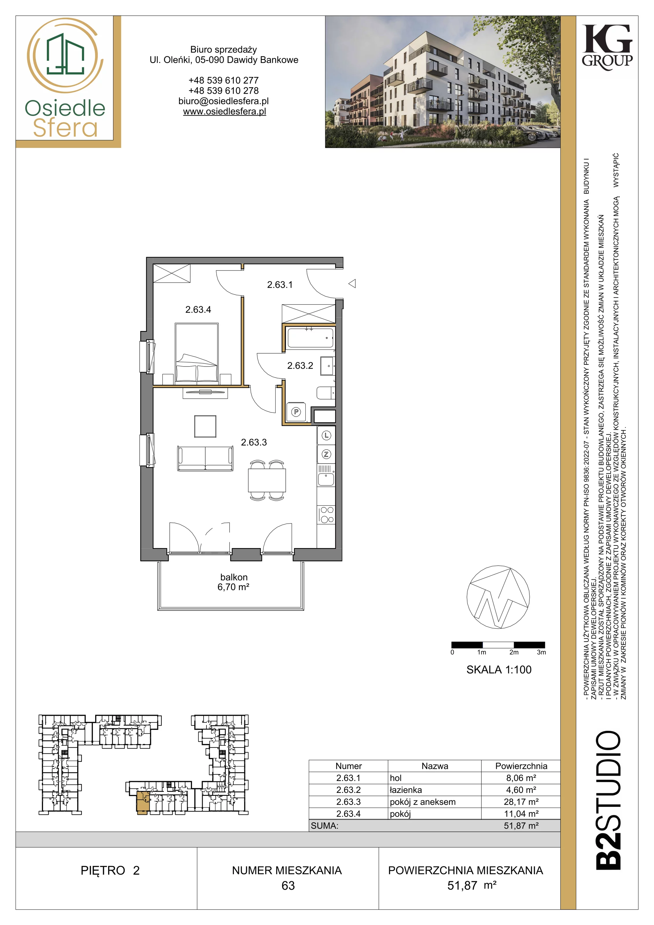 4 pokoje, mieszkanie 51,87 m², piętro 2, oferta nr 63, Osiedle Sfera - Etap II, Dawidy Bankowe, ul. Oleńki 14