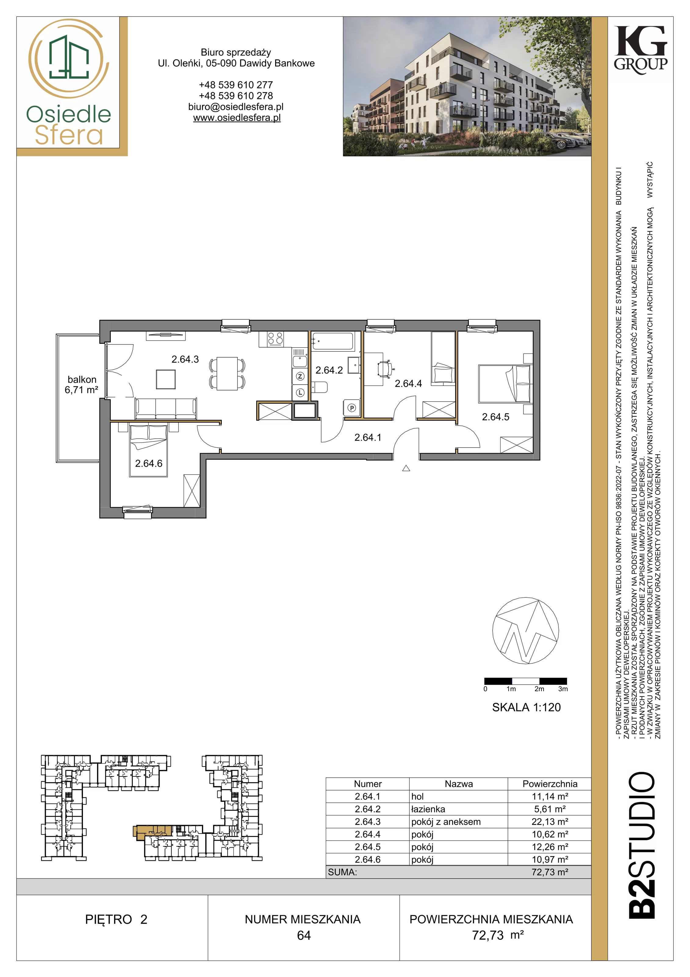 4 pokoje, mieszkanie 72,73 m², piętro 2, oferta nr 64, Osiedle Sfera - Etap II, Dawidy Bankowe, ul. Oleńki 14