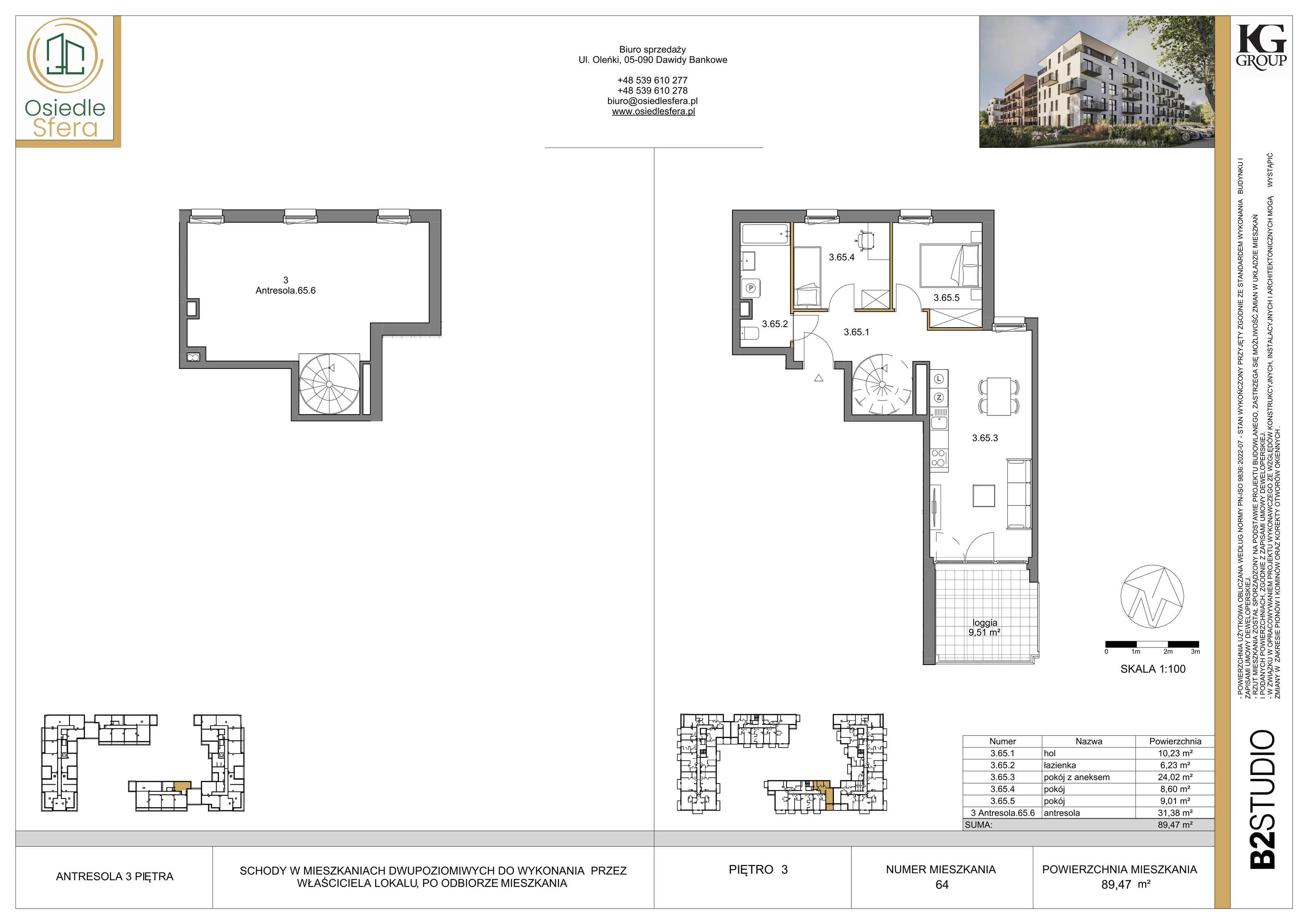 3 pokoje, mieszkanie 89,47 m², piętro 3, oferta nr 65, Osiedle Sfera - Etap II, Dawidy Bankowe, ul. Oleńki 14