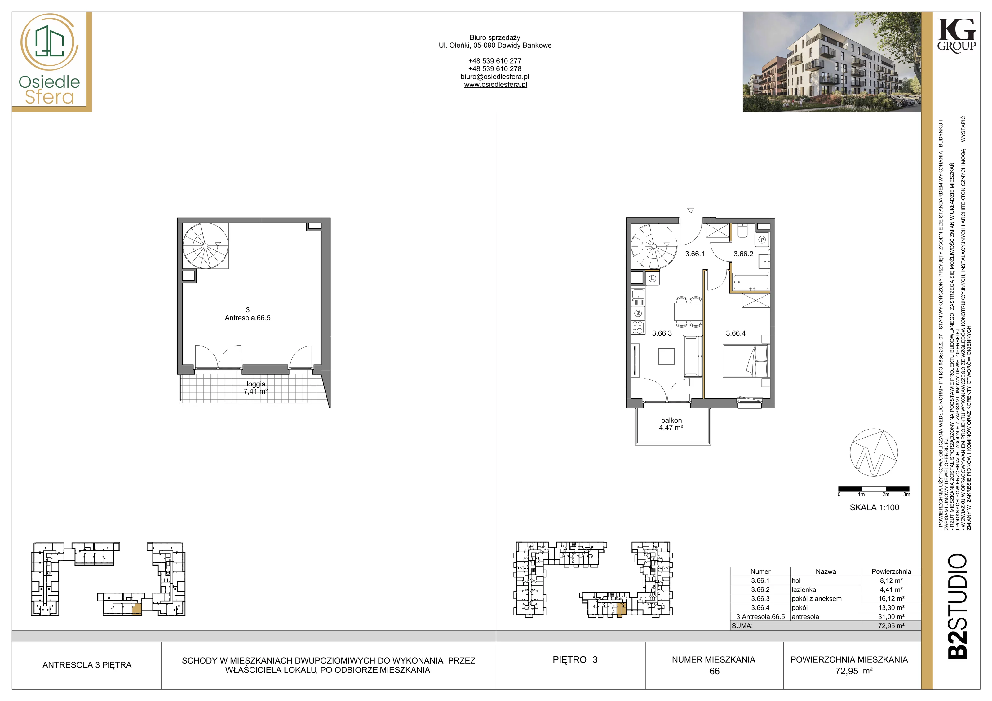 3 pokoje, mieszkanie 72,95 m², piętro 3, oferta nr 66, Osiedle Sfera - Etap II, Dawidy Bankowe, ul. Oleńki 14