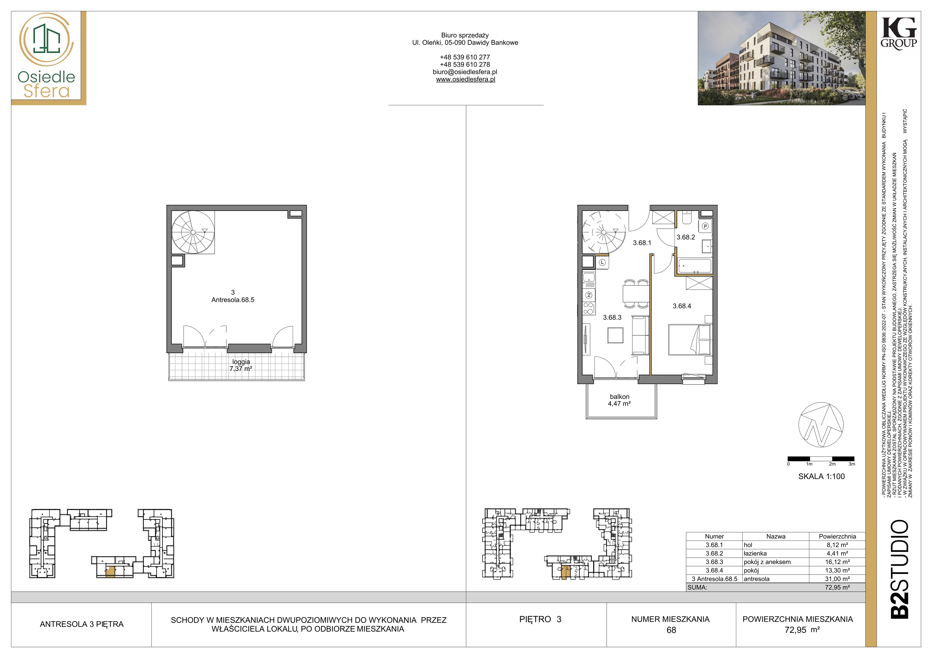 3 pokoje, mieszkanie 72,95 m², piętro 3, oferta nr 68, Osiedle Sfera - Etap II, Dawidy Bankowe, ul. Oleńki 14