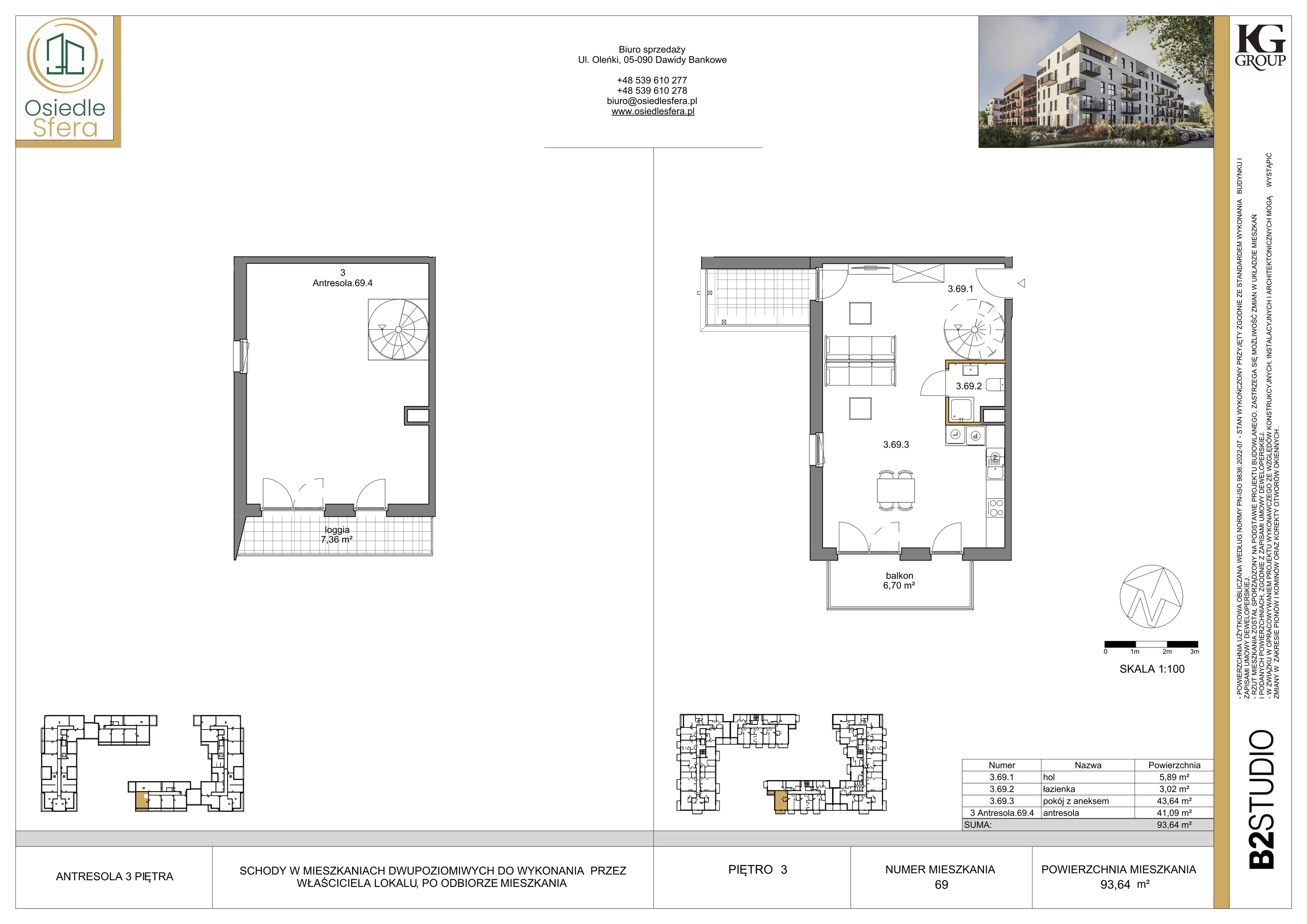 3 pokoje, mieszkanie 93,64 m², piętro 3, oferta nr 69, Osiedle Sfera - Etap II, Dawidy Bankowe, ul. Oleńki 14