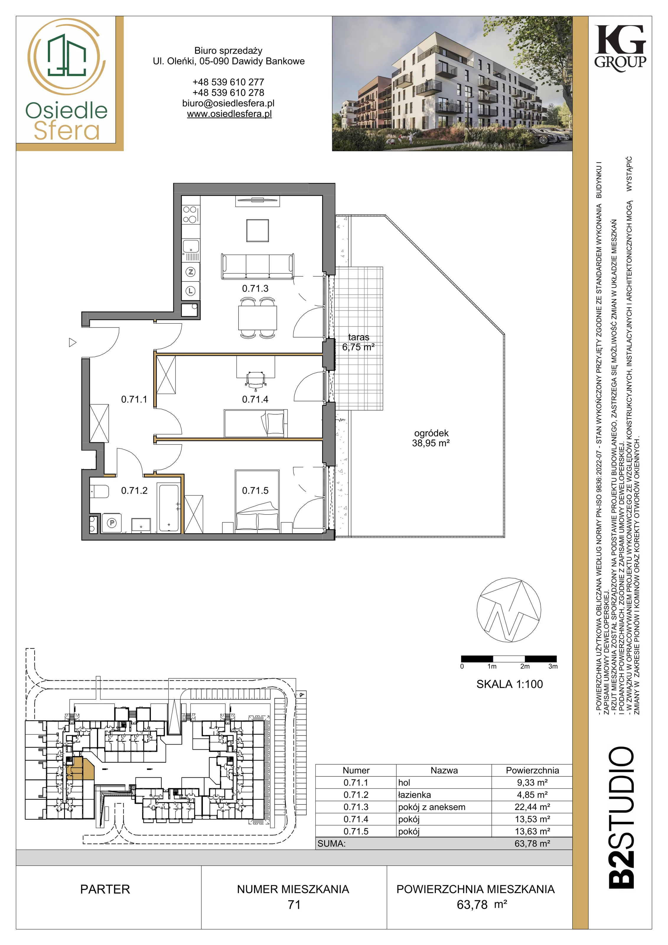 3 pokoje, mieszkanie 63,78 m², parter, oferta nr 71, Osiedle Sfera - Etap II, Dawidy Bankowe, ul. Oleńki 14