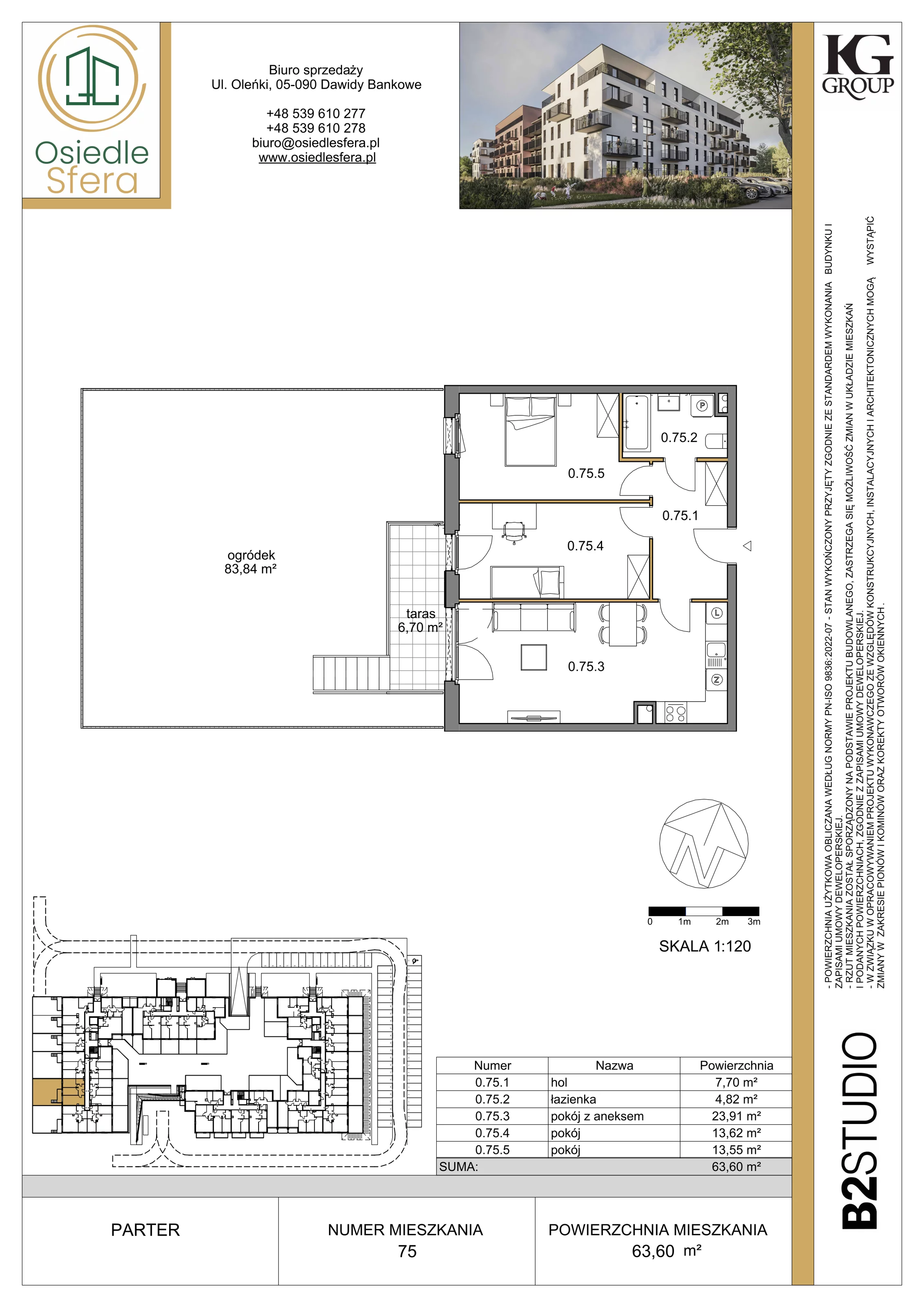 3 pokoje, mieszkanie 63,60 m², parter, oferta nr 75, Osiedle Sfera - Etap II, Dawidy Bankowe, ul. Oleńki 14