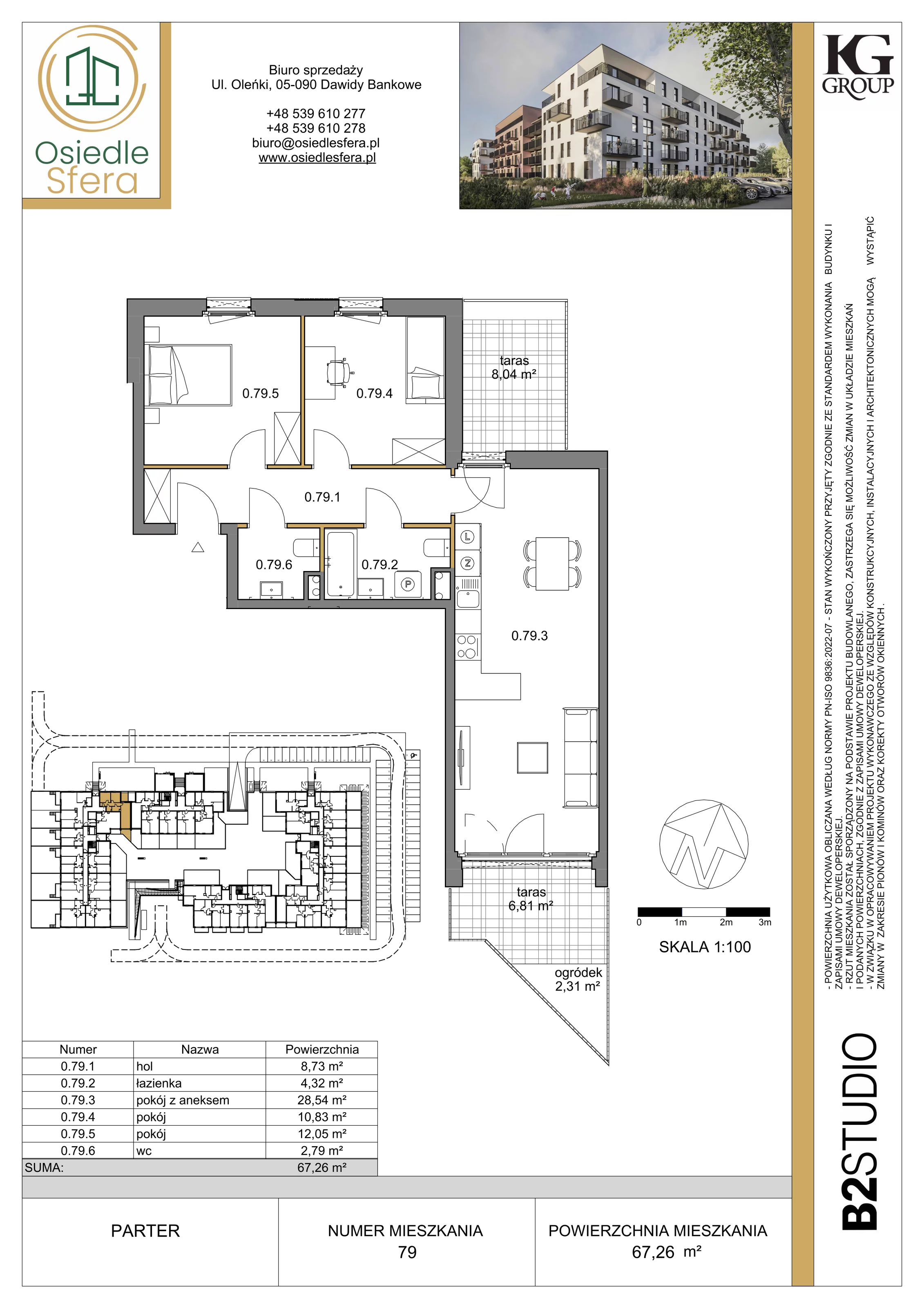 3 pokoje, mieszkanie 67,26 m², parter, oferta nr 79, Osiedle Sfera - Etap II, Dawidy Bankowe, ul. Oleńki 14