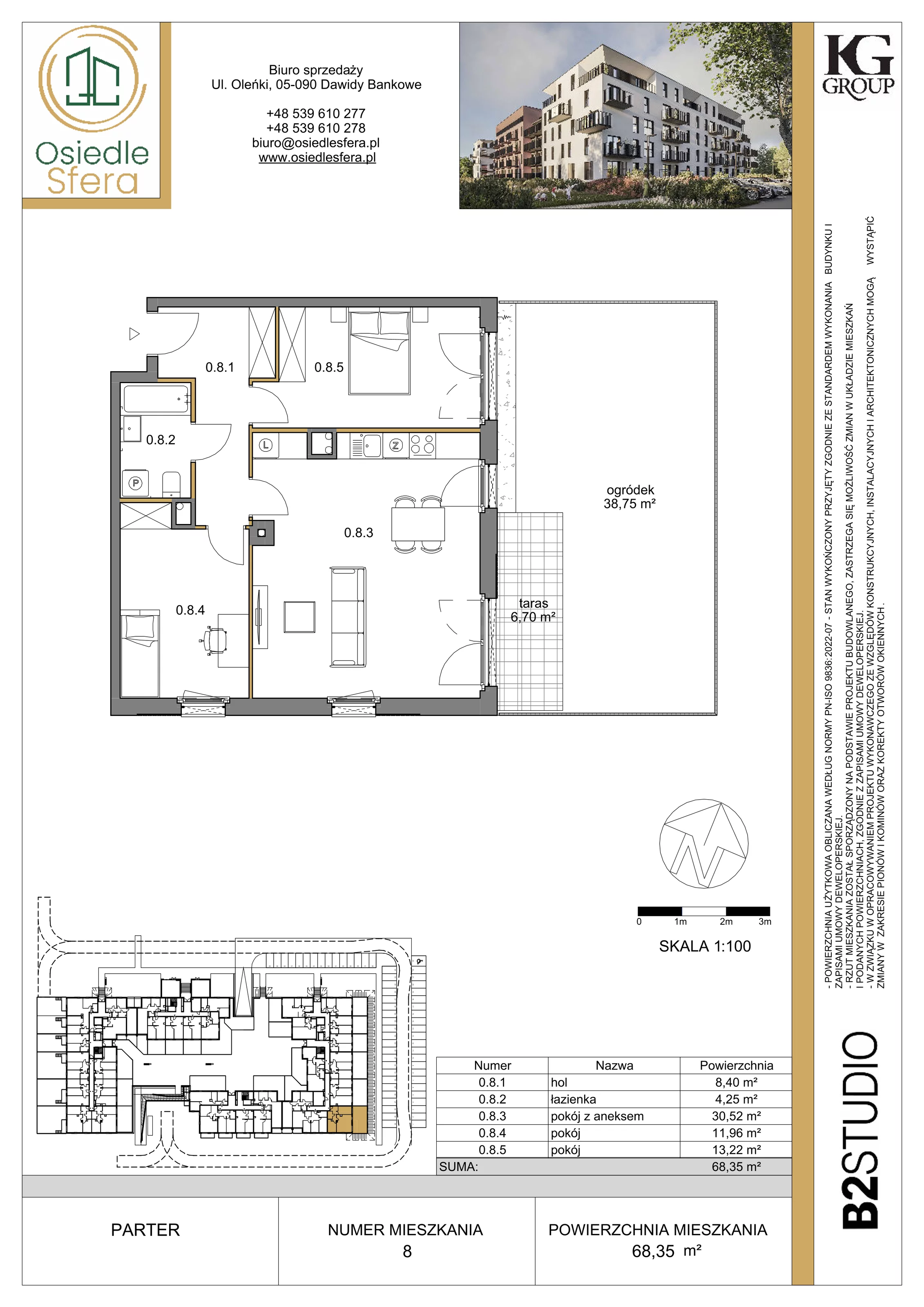 3 pokoje, mieszkanie 68,35 m², parter, oferta nr 8, Osiedle Sfera - Etap II, Dawidy Bankowe, ul. Oleńki 14