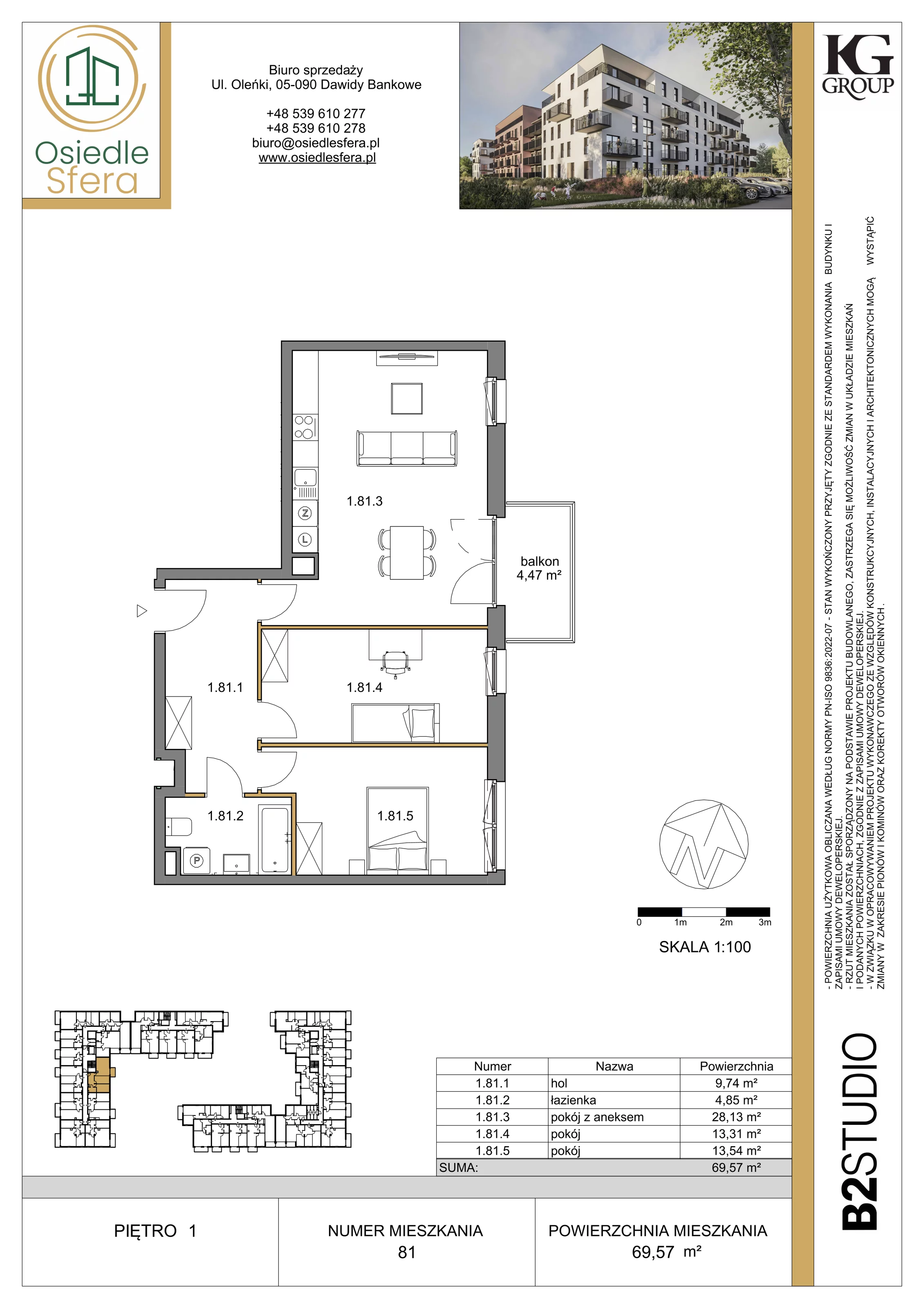 3 pokoje, mieszkanie 69,57 m², piętro 1, oferta nr 81, Osiedle Sfera - Etap II, Dawidy Bankowe, ul. Oleńki 14