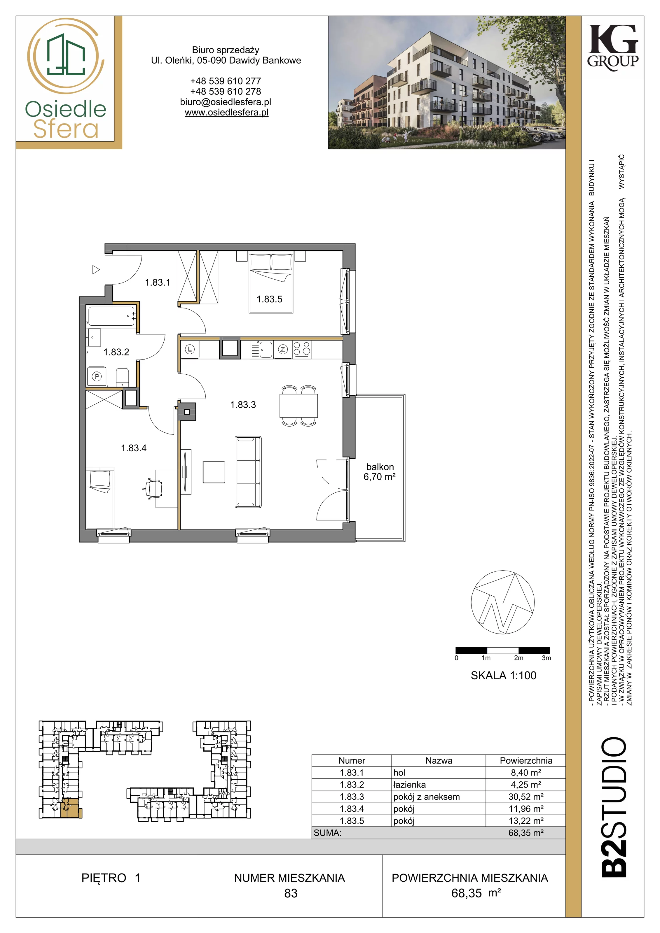 3 pokoje, mieszkanie 68,35 m², piętro 1, oferta nr 83, Osiedle Sfera - Etap II, Dawidy Bankowe, ul. Oleńki 14